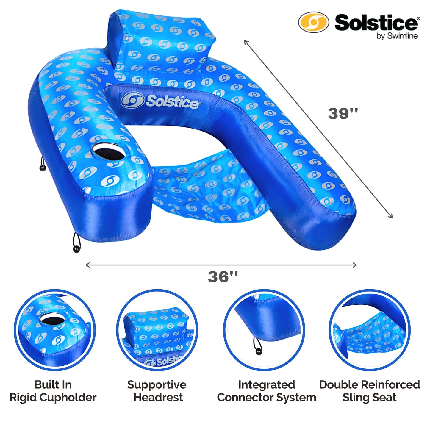 SWIMLINE SOLSTICE Extra-Large Fabric Covered U-Seat Pool Float U-Seat Lounger Raft For Adults & Kids I Comfortable Sling Seat, Back Rest, Cup Holder, & Quick-Dry Cover For Adult Or Kid Floating