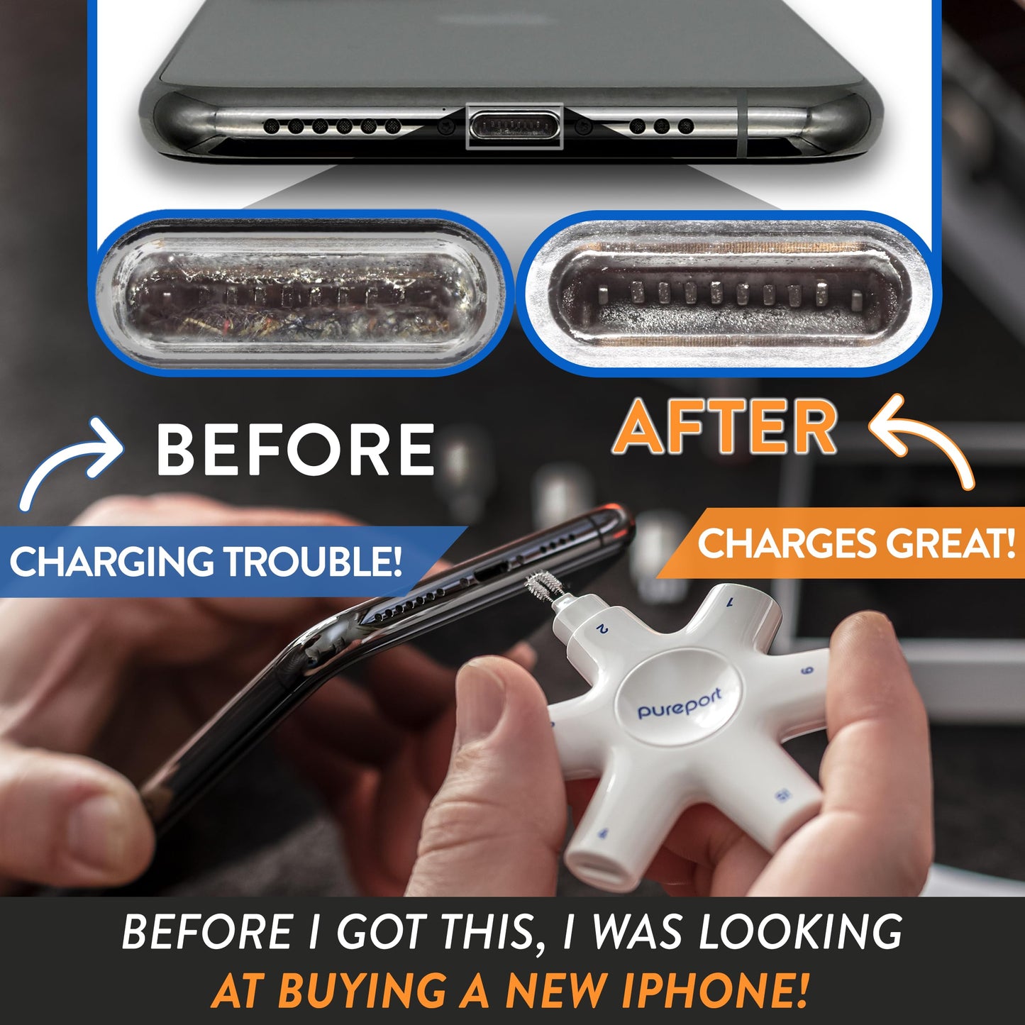 PurePort USB-C Multi-Tool Phone Cleaning Kit | Clean Repair & Restore Cell Phone Tablet & Laptop USB C Ports & Cables | Fix Unreliable & Bad Connections | Extend The Life of Your Tech Devices (Black)