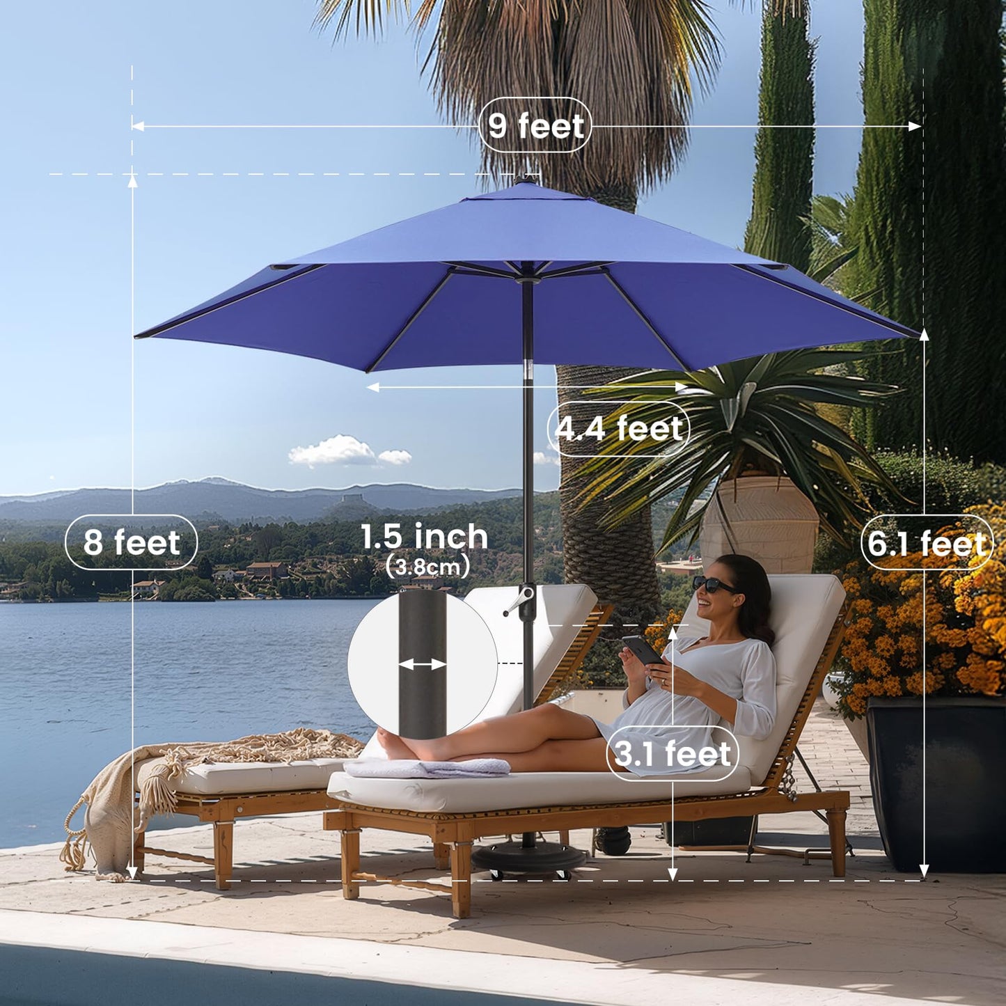 CROWN SHADES 9 Ft Patio Umbrella - Polyester Outdoor Umbrella with 30° Push Button Tilt, Patented Edge Connection Design for Patio, Pool, Garden & Table, UV Resistent