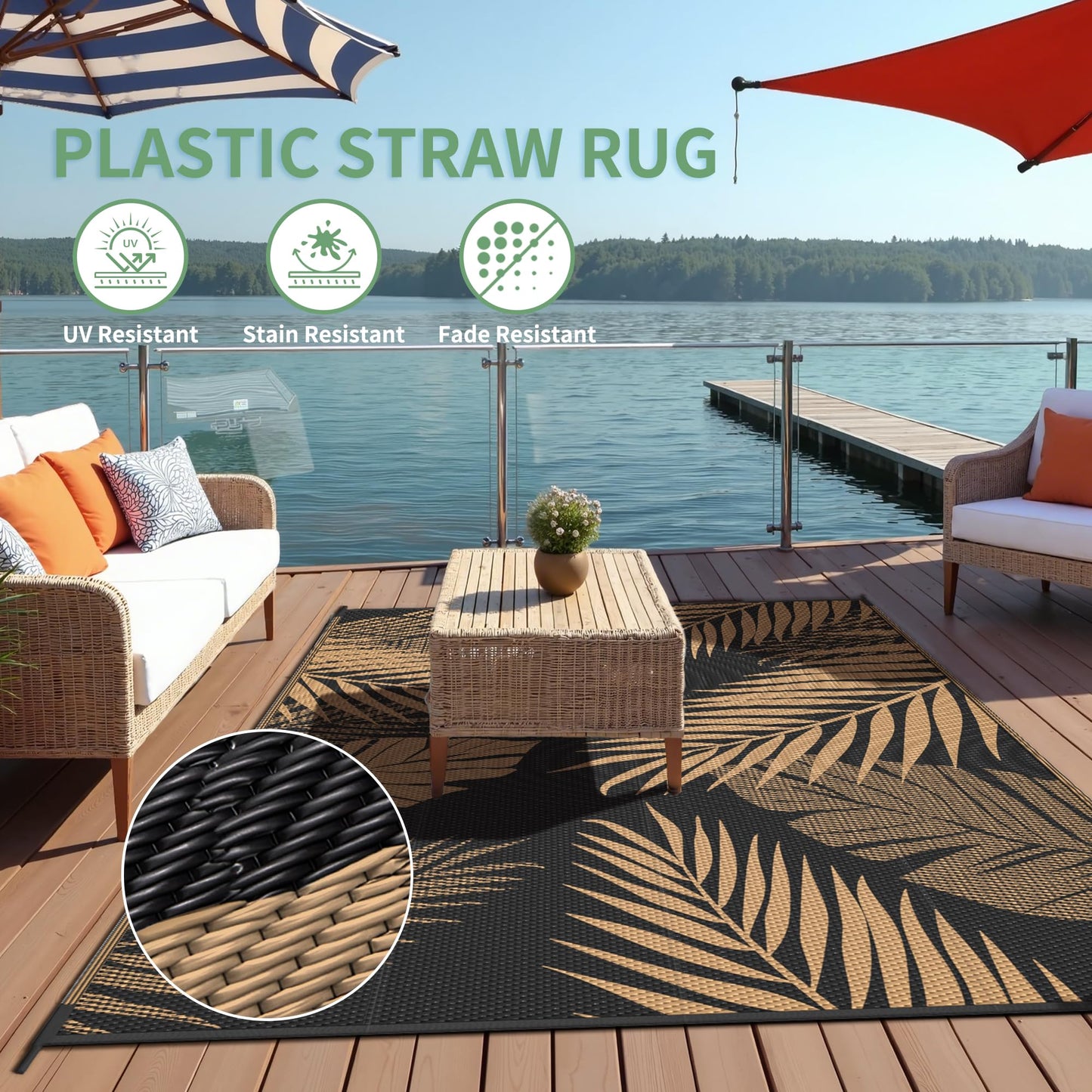 sarben Outdoor Rug 8’x10’ Waterproof for Patio Clearance, Reversible Indoor Outdoor Plastic Straw Camping Rug Carpet, RV Mat, Large Area Rug for Deck, Backyard, Balcony, Porch, Beach, Black & Brown