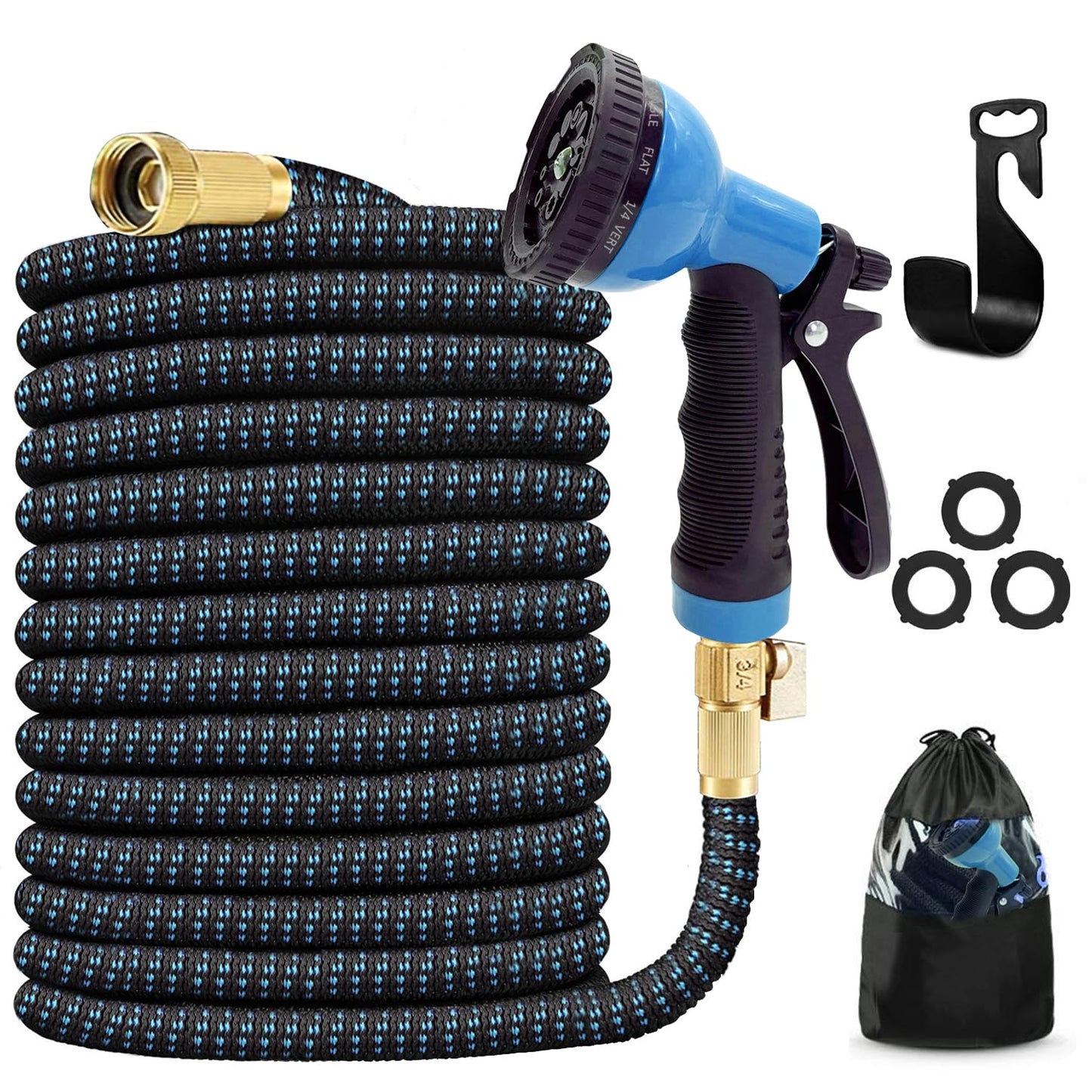 J&B XpandaHose 75ft Expandable Garden Hose with Holder - Heavy Duty Superior Strength 3750D - 4 -Layer Latex Core - Extra Strong Brass Connectors and 10 Spray Nozzle w/Storage Bag (Blue 75)