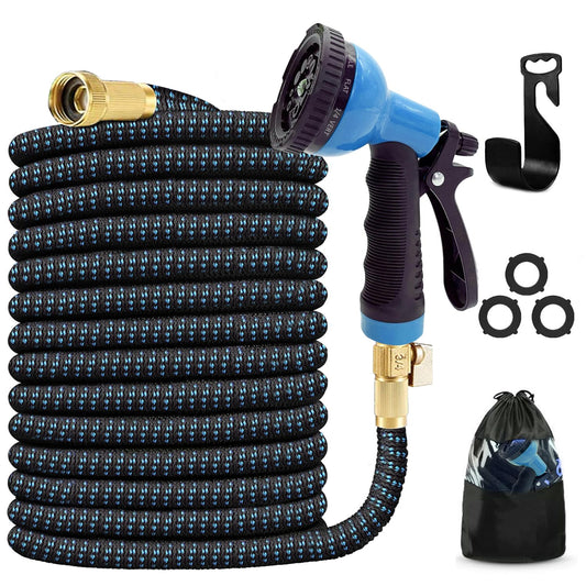 J&B XpandaHose 75ft Expandable Garden Hose with Holder - Heavy Duty Superior Strength 3750D - 4 -Layer Latex Core - Extra Strong Brass Connectors and 10 Spray Nozzle w/Storage Bag (Blue 75)