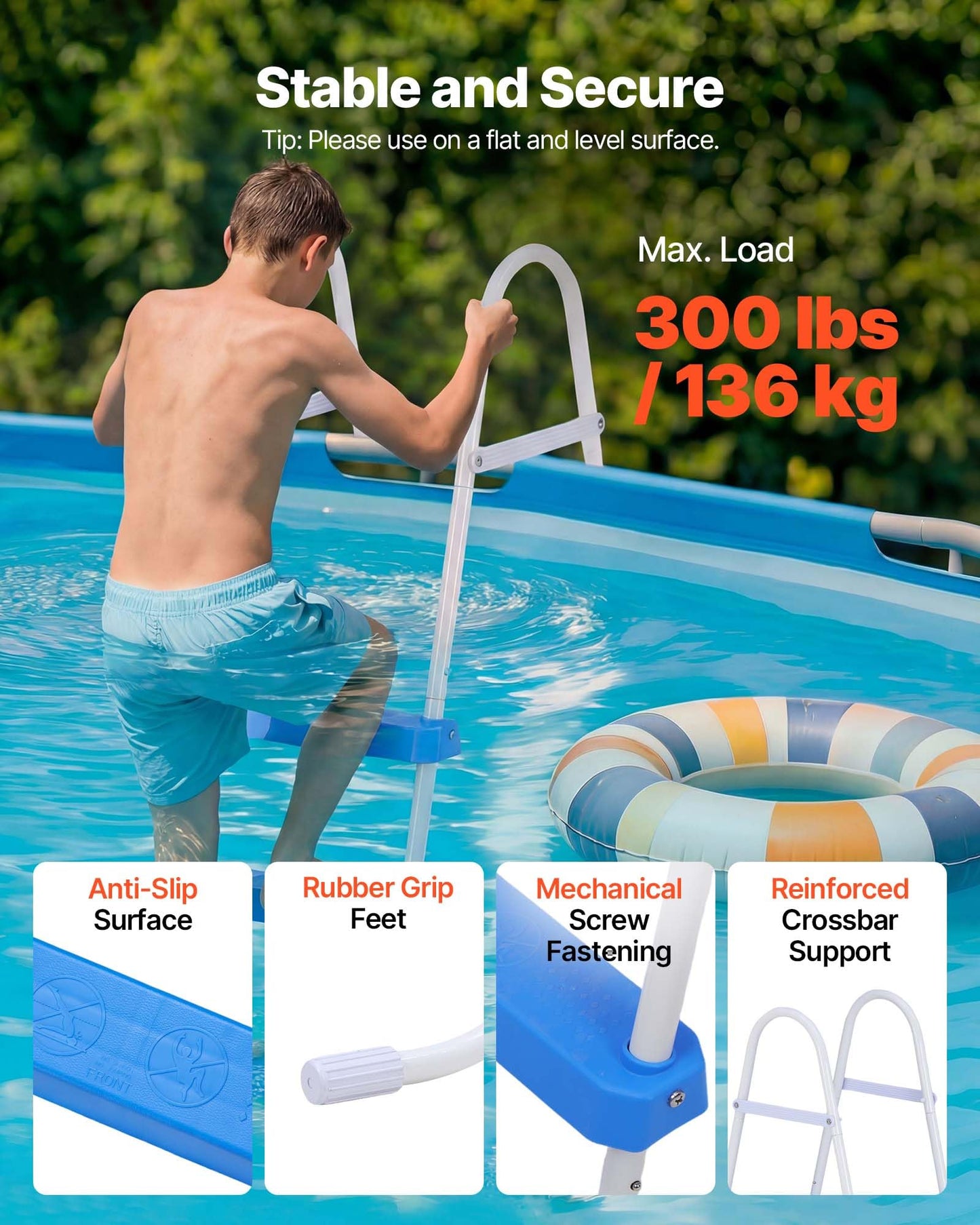 VEVOR Above Ground Pool Ladder, 3-Step Steel A-Frame Swimming Pool Stairs for 36 in High Wall, 300 lbs Capacity Entry/Exit Steps with Secure Non-Slip Sturdy Wide Step, Easy Setup, White & Blue