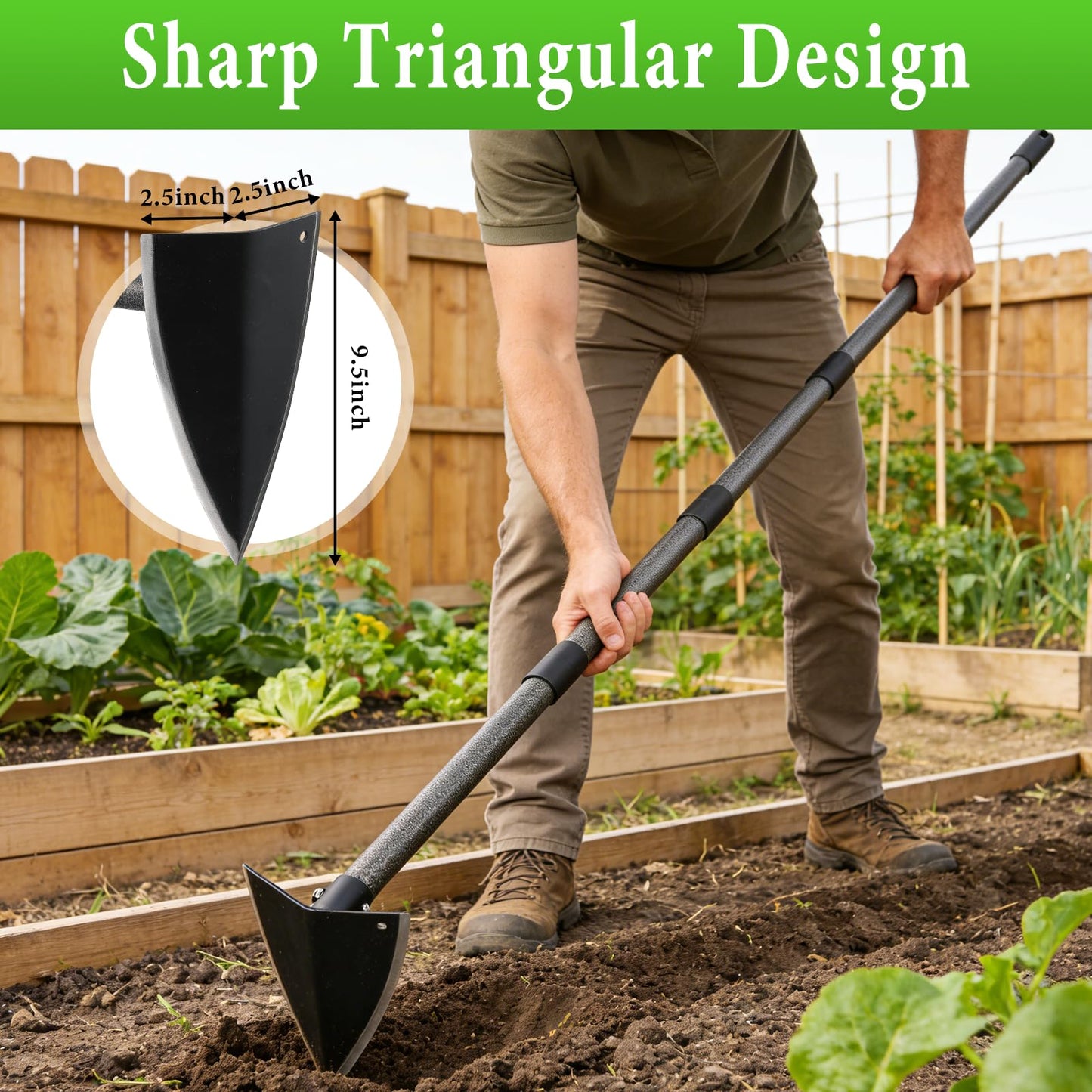 CALCHELE Garden Hoe, Heavy Duty Trenching Hoes with Adjustable Long Handle 30-72 Inch, Sharp Edge Triangle Weeding Hoe Garden Tools for Weeds Removal,Cultivating,Digging,Loosen Soil, Trenching