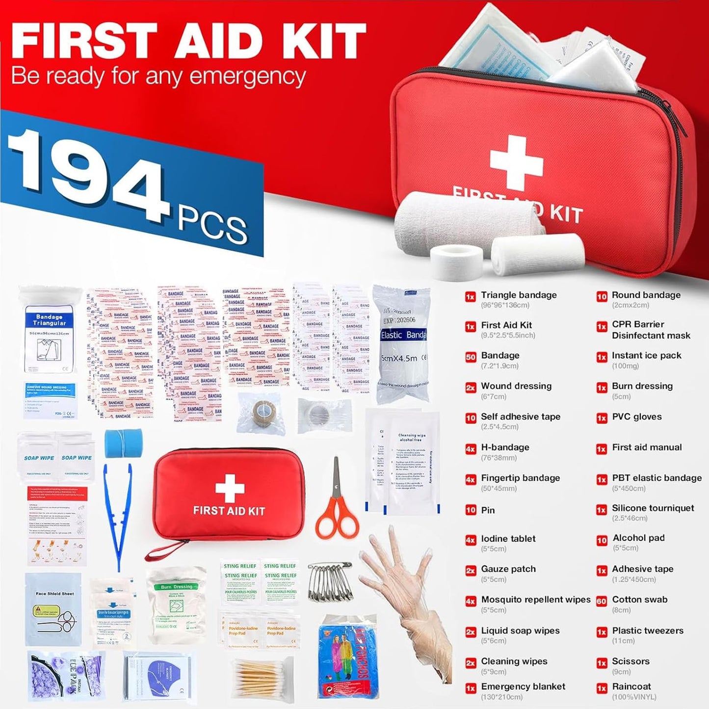 Gemmac 218pcs First Aid Kit Emergency Survival Kit, First Aid Bag with Compass Raincoat Emergency Blanket Torch Medical Kits, Survival Bag for Hunting Camping Essentials Hiking Gear Outdoor Adventure