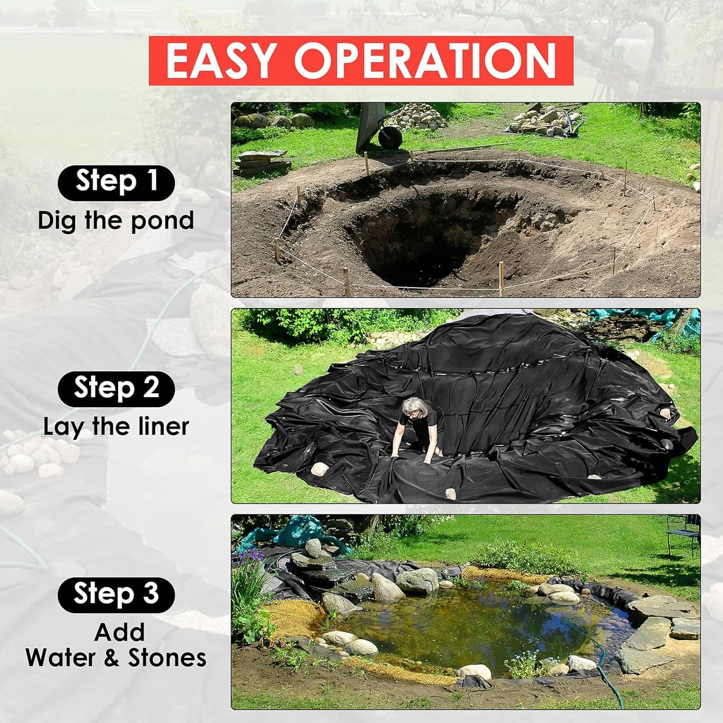 ExploreHorizon 10x15 Ft Pond Liner, 45 Mil EPDM Material,Flexible & Durable, UV Resistant & Easy to Cut for Koi Ponds, Waterfall Bases, Fountains & Water Gardens