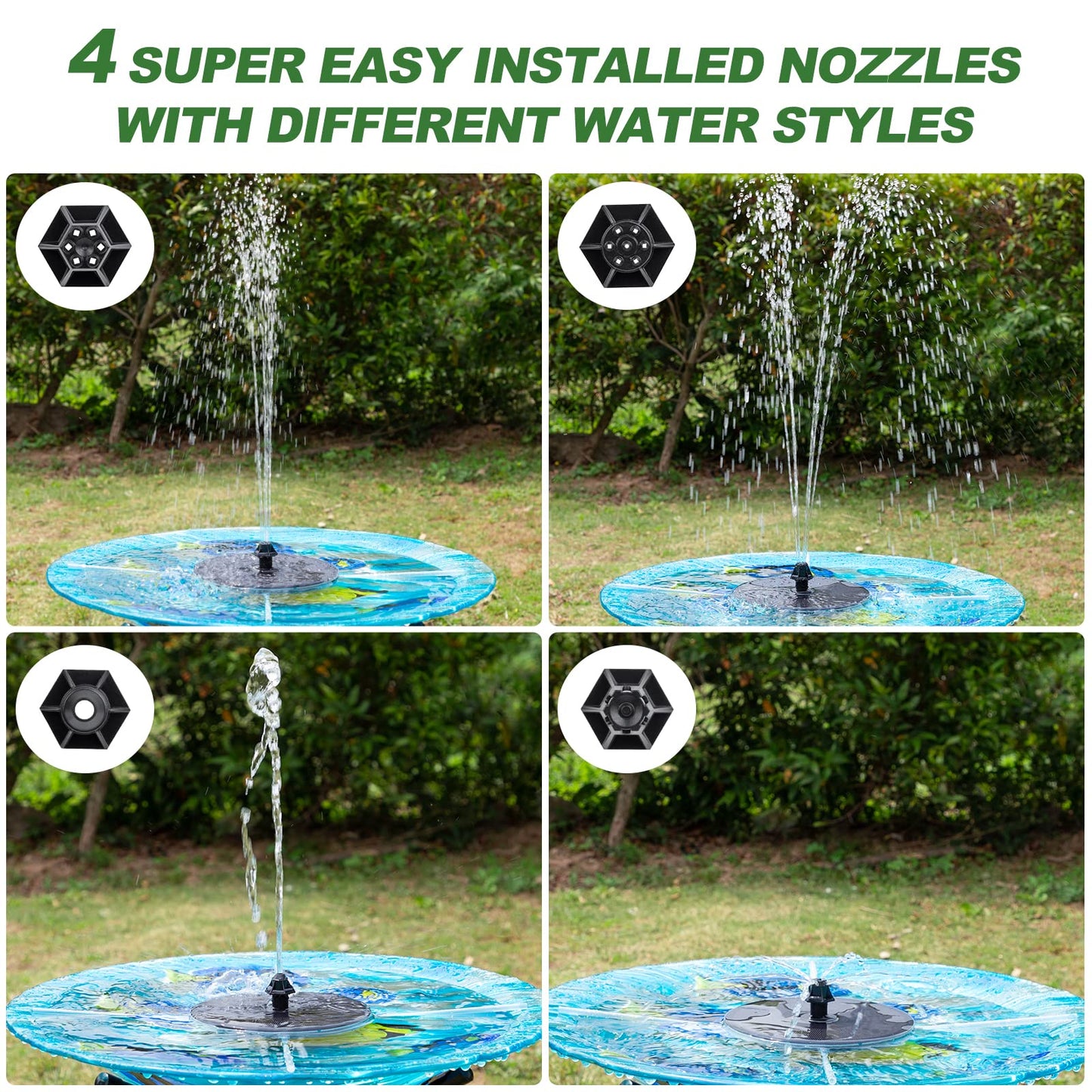 Mademax Upgraded Solar Fountain with 4 Easy Install Nozzle and Fixer, Solar Powered Fountain Pump for Bird Bath, Garden, Pond, Pool, Fish Tank, Outdoor