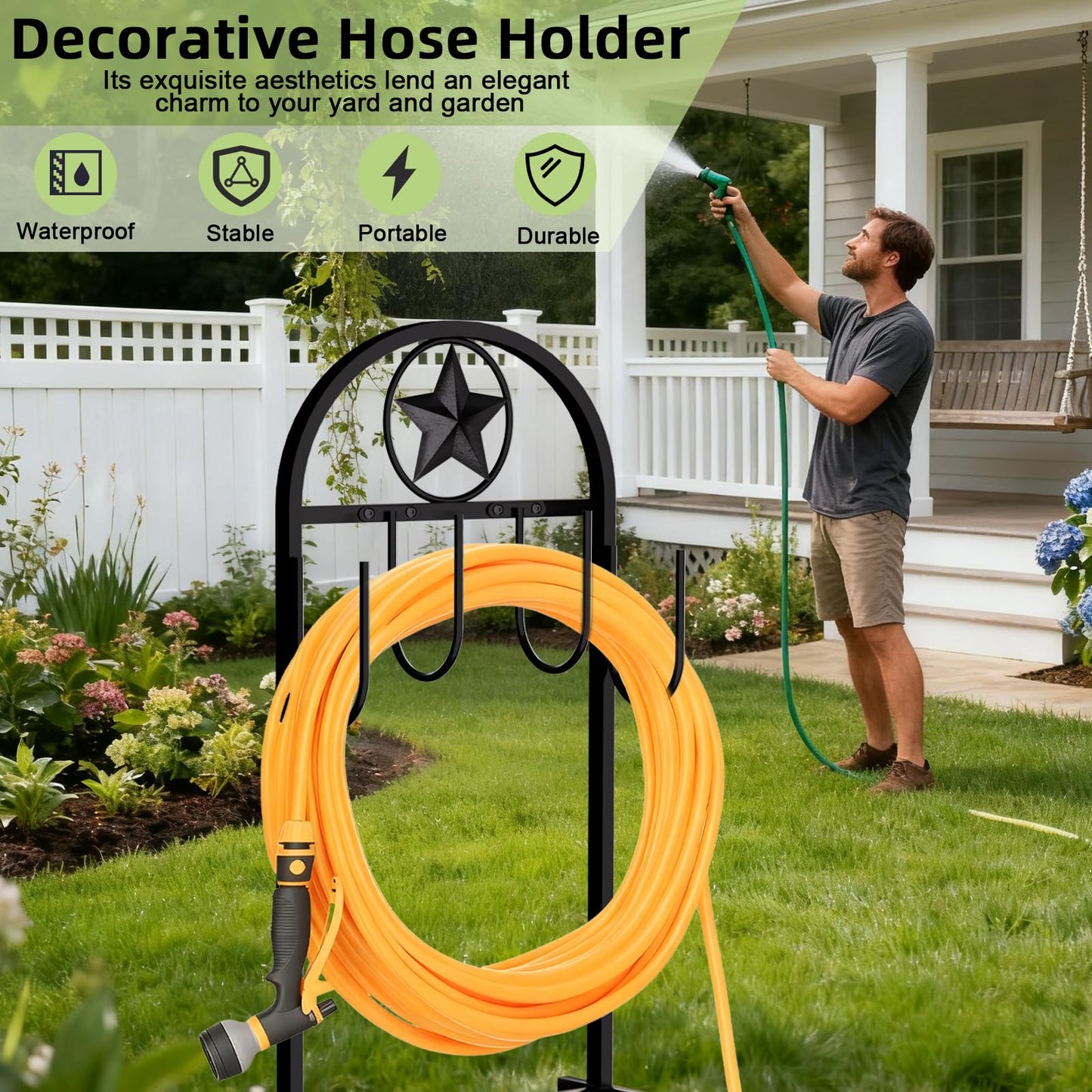 SHOMEXTOL Garden Hose Holder - Upgraded Sturdy Hose Pentagram Holder, Freestanding Heavy-Duty Hose Reel, Sturdy Water Hose Holder and Hose Storage for Outside, Lawns and Yards,Black