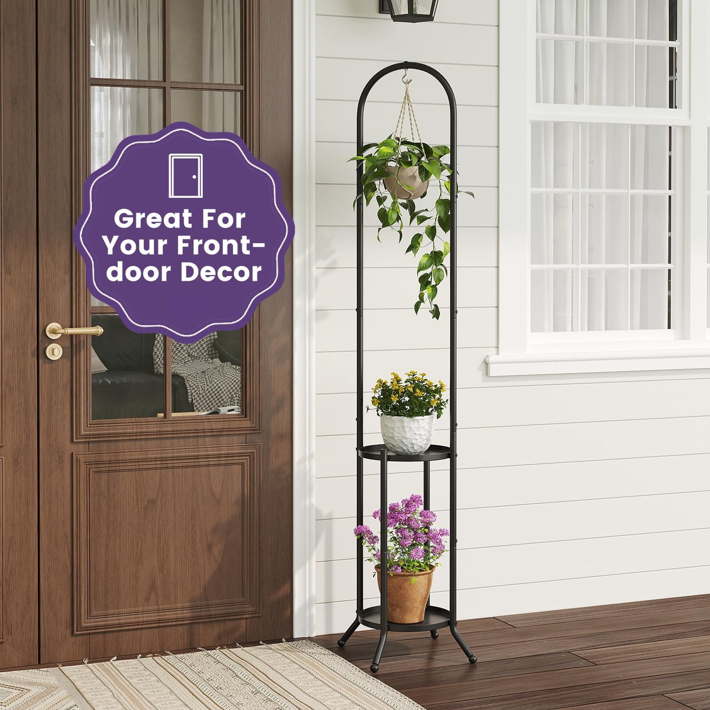 Wieghda Metal Plant Stand 2-Tier with Hanging Hook for Indoor Outdoor Plants,Sturdy Steel Plant Shelf Display Rack(Black)