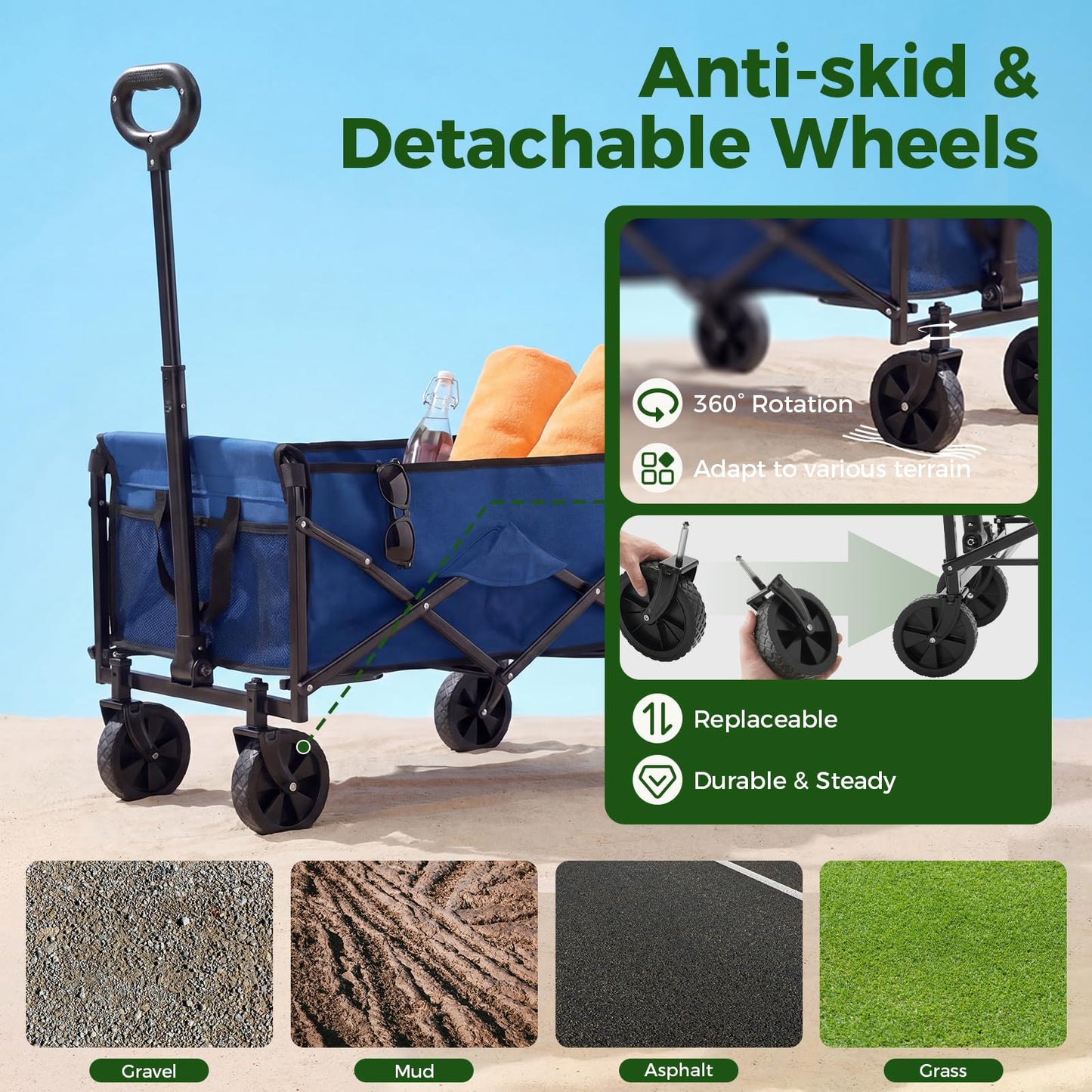 DUMOS Collapsible Wagon Cart, 67L Heavy Duty Utility Folding Wagon with Wheels – 220 lbs Weight Capacity, Flexible Handle for Beach, Grocery, Camping & Garden, Blue