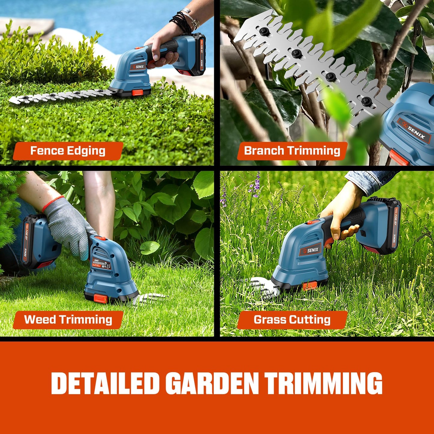 Senix X2 20 Volt Max* 2-in-1 Cordless Hedge Trimmer and Grass Shear with Interchangeable 4-Inch and 8-Inch Blades, Includes 2.0 Ah Battery and Charger (GSX2-M)