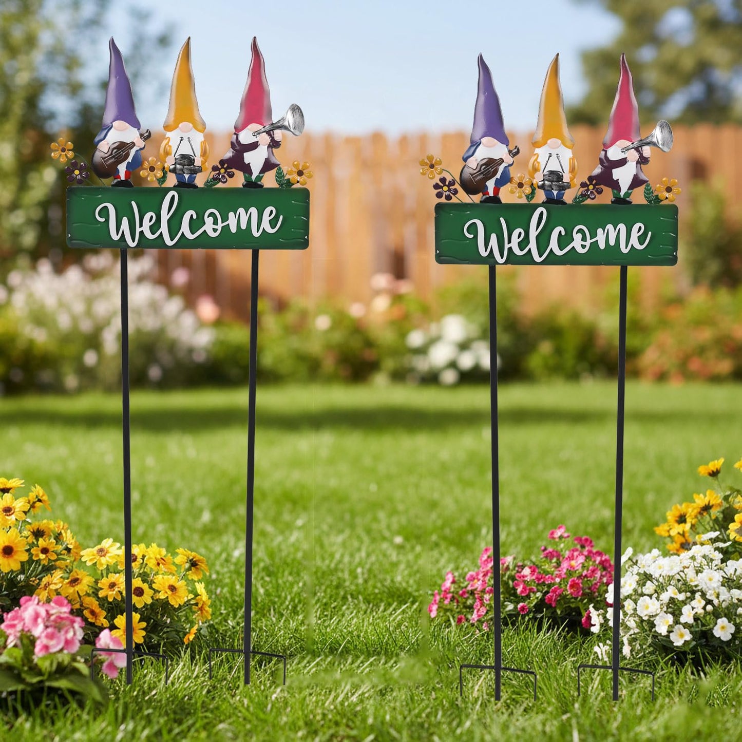 YHSOLAR Spring Gnomes Decorations for Yard with Garden Welcome Sign, Large 43.3inch Musical Gnome Decorative Garden Stakes Metal Yard Art for Outdoor Lawn Decorations