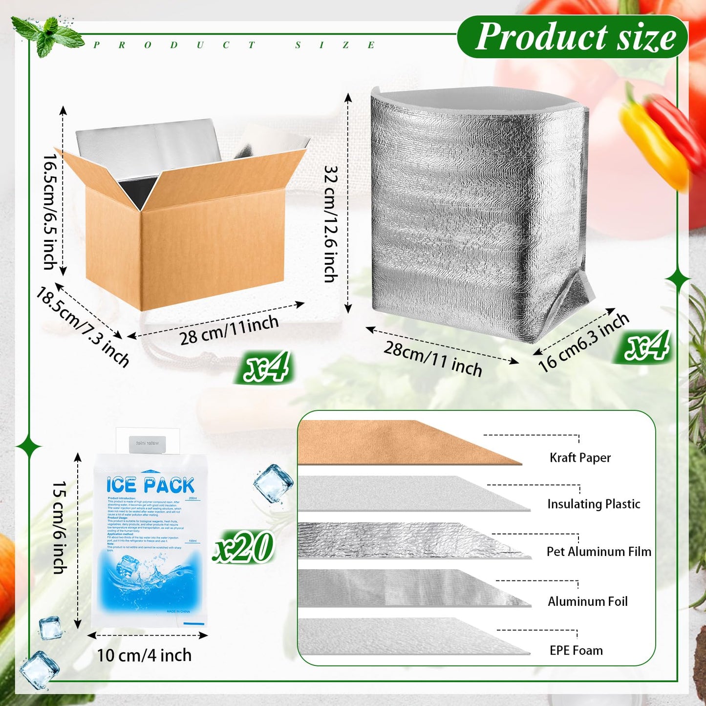 Honoson 4 Pcs Thermal Insulated Shipping Boxes for Frozen Food with Ice Pack and Aluminum Foil Liner for Shipping Big Cold Pack Cooler Mailing Boxes for Moving Hot Frozen Food (11'' X 7.3'' X 6.5'')