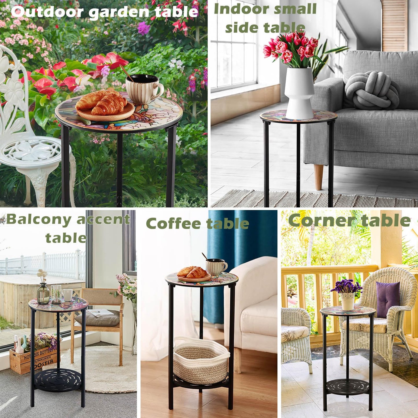 lucpur 2-Tier Metal Round Side Table Black Accent Coffee Tables Small Space Corner Plant Stand Shelf for Indoor Outdoor Use Patio Balcony End Table Butterfly Print Weather-Resistant