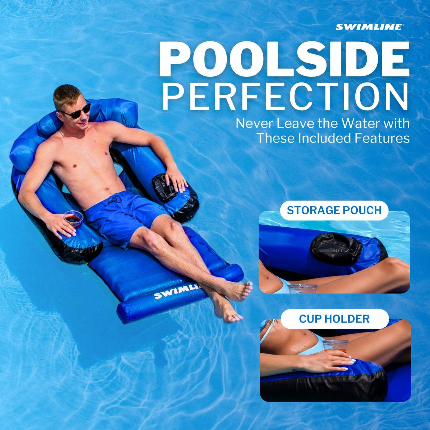 SWIMLINE ORIGINAL Fabric Covered Pool Float Mattress Ultimate Lounger Raft For Adults & Kids | Back, Leg, & Arm Rests, Cup Holder, & Quick-Dry Cover For Adult Or Kid Floating & Lounging 9047