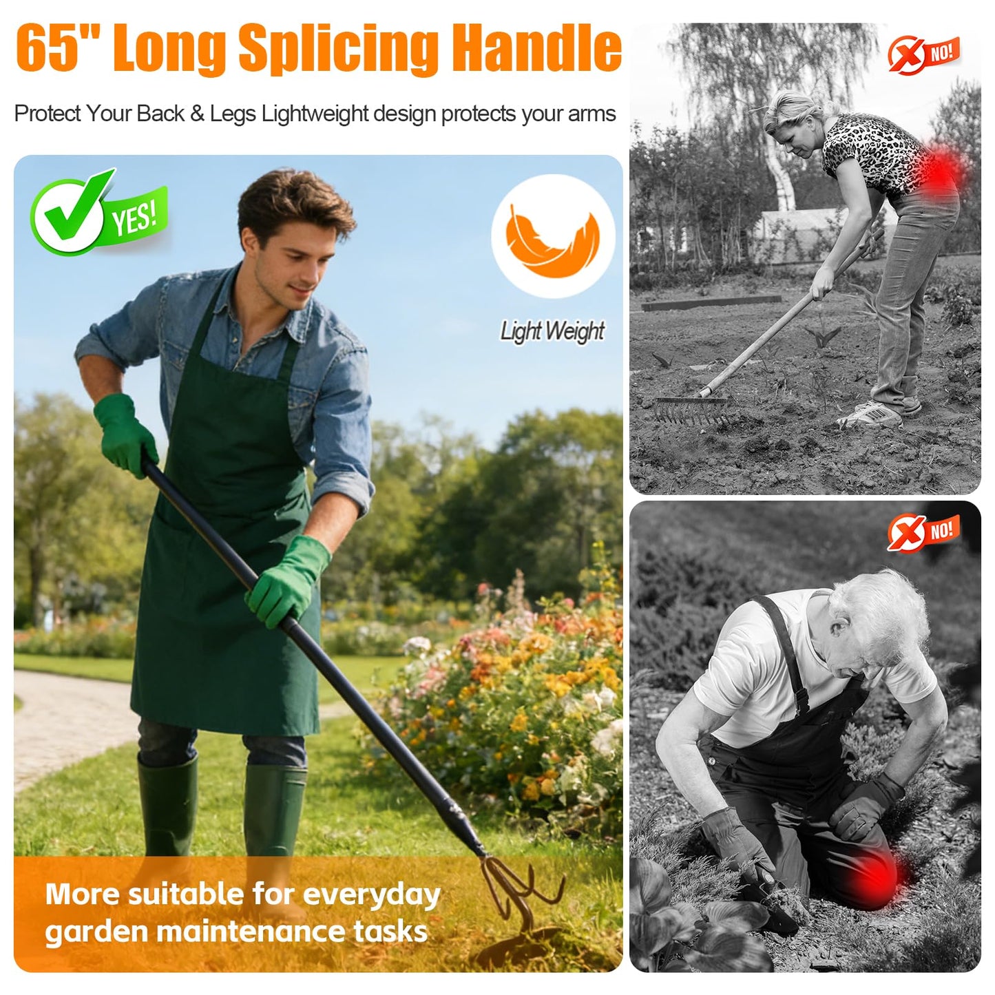 EUIJOIP 52" Heavy Duty 2-in-1 Hoe & Tiller Rake Garden Tool, 3-Tine Cultivator for Weeding and Soil Loosening, Long Handle Stand Up Digging Tool for Gardening and Planting