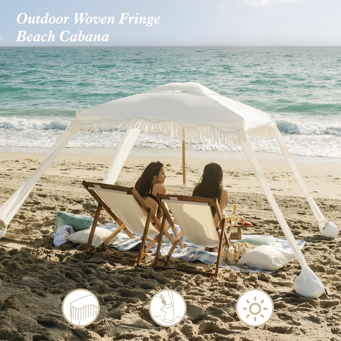 AMMSUN Beach Cabana with Fringe, 7' x 7' Boho Beach Canopy with Tassels, Easy Set up & Premium Wood Pole, Cabana Tent with Sand Pockets, Instant Sun Shade for Sand, Garden, Patio, Elegant White