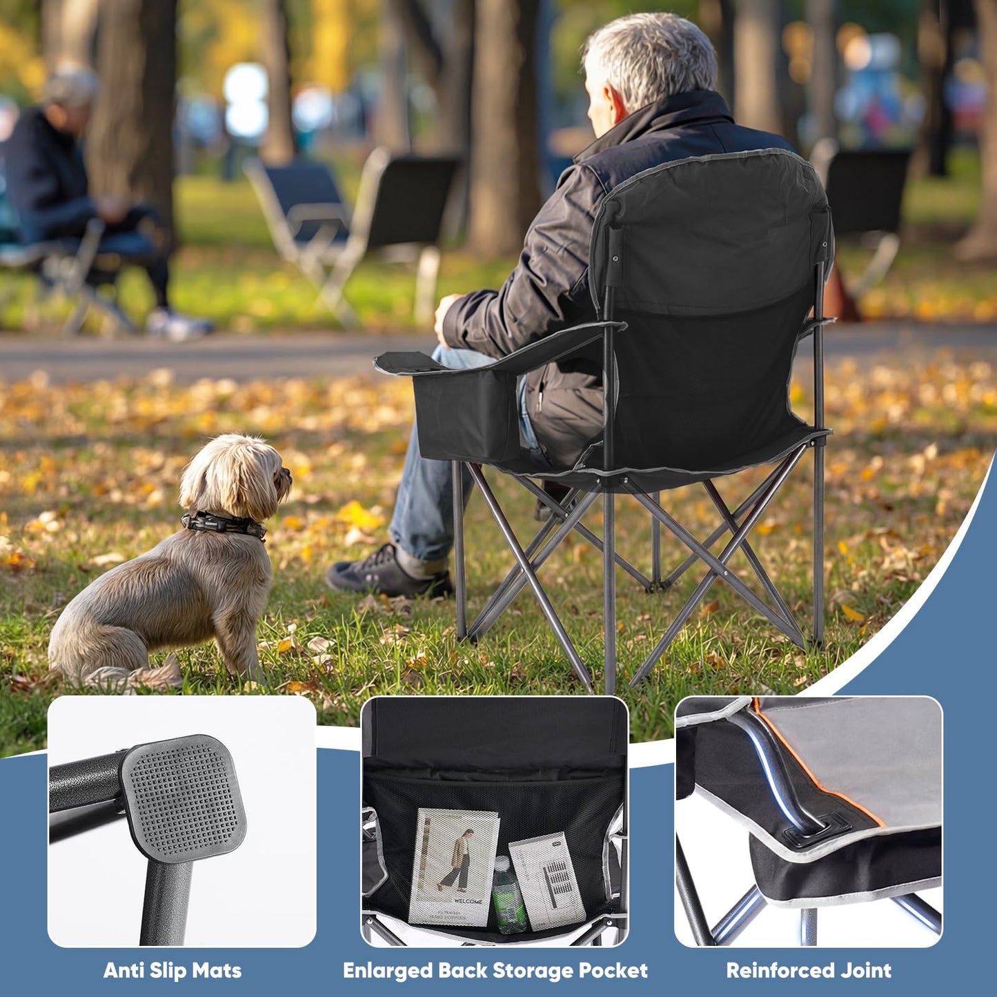 DUMOS Oversized Camping Chair for Adults, Heavy Duty 500 LBS Support Folding Outdoor Chair with Side Cooler Bag, Cup Holder, for Camp Beach Garden, Back Bag, Thicken 300D Oxford, Black