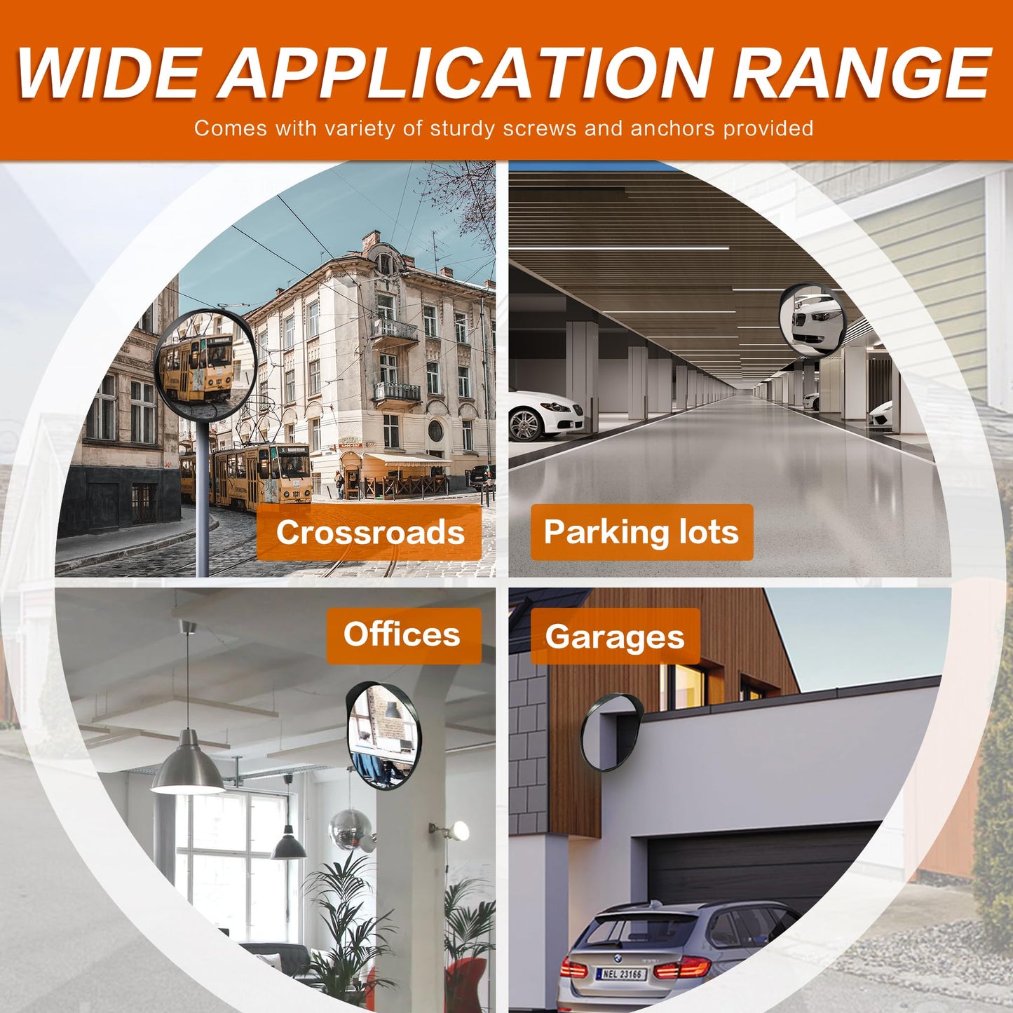 CHIUHEI 16-Inch Convex Security Corner Mirror - Adjustable Fixing Bracket, Wide Angle, Indoor and Outdoor Use - Ideal for Warehouse, Office, Parking Garage, Alleys, Driveways and Traffic Safety(Black）