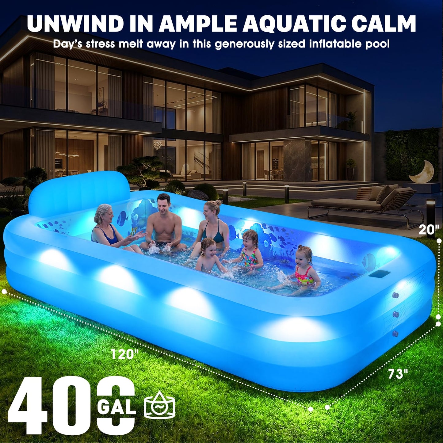 AixPool Extra Large Inflatable Pool With Lights,Upgraded Solar Powered Blow Up Pool For Adults,Inflatable Kids Swimming Pool with Seat& Backrest,Big Inflatable Kids Pool For Backyard,120x73x20IN-White