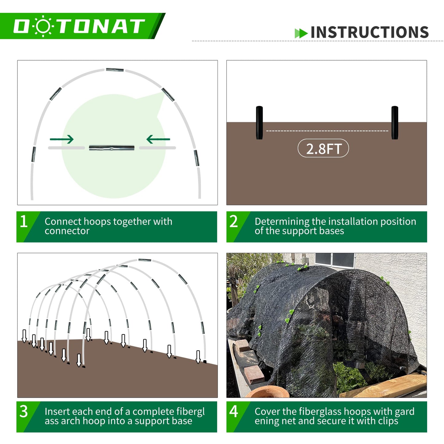 OOTONAT 8FT Garden Hoops Grow Tunnel Kit - Rust-Free Fiberglass Frame for Raised Beds, 36pcs - DIY Plant Support for Garden Netting, Vegetable Garden Hoops Kit, Row Covers, and Greenhouse Protection
