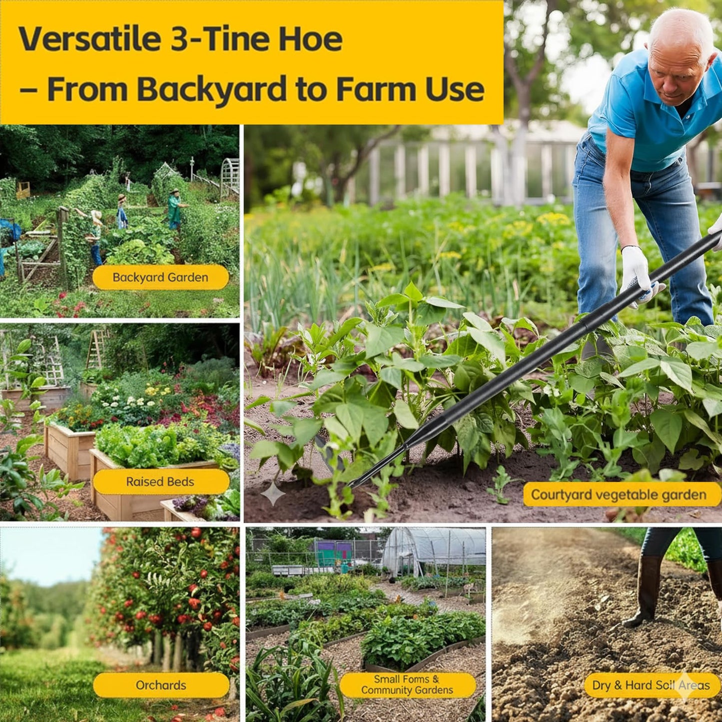 Garden Hoe - Heavy Duty 2 in 1 Hoe Garden Tool with Cultivator Claw Rake,75 Inch Long Handle Hoes for Weeding,Loosening Soil,Hand Weeder Tools for Indoor Outdoor Gardening,Planting,Cultivating,Digging