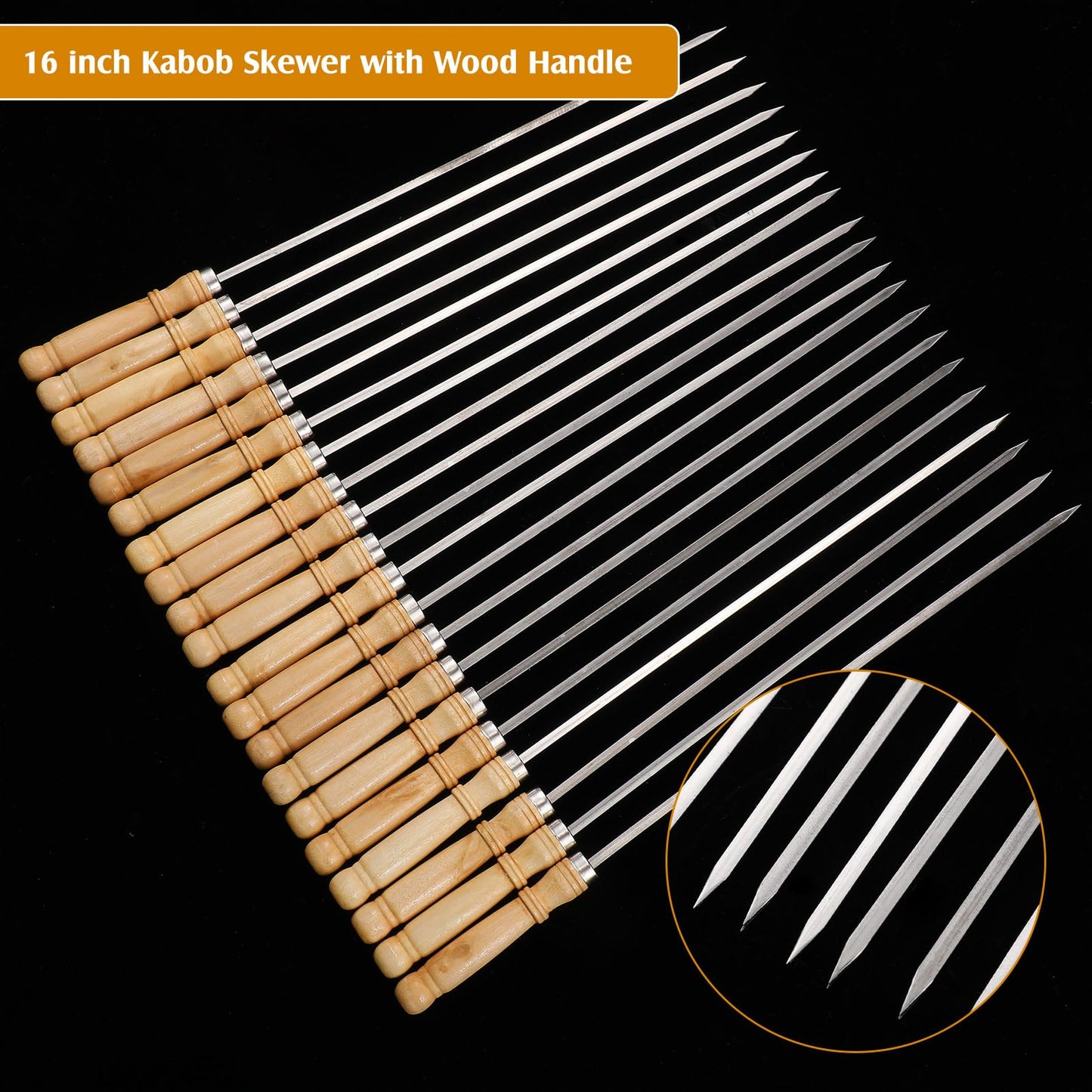 Minatee 16 Inch Kabob Skewer with Wood Handle for BBQ Camping Cookware Campfire Grill Cooking, Stainless Steel, Metal Skewers for Kabobs with Wood Handle (50 Pcs)