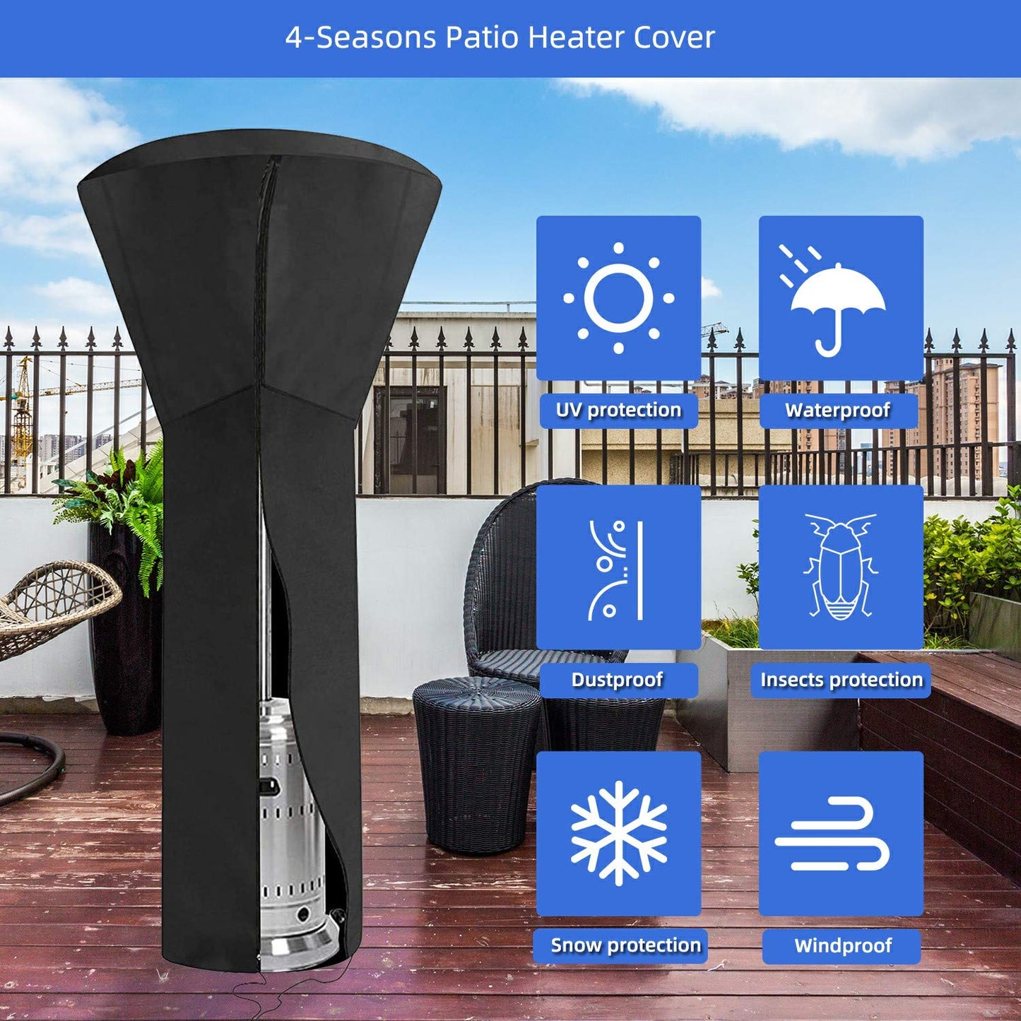 ANSTROUT 420D Patio Heater Cover, Waterproof with Zipper, Outdoor Propane Heater Cover for Any Season, Large Size: 89'H x 33'Dx19'B (Black)