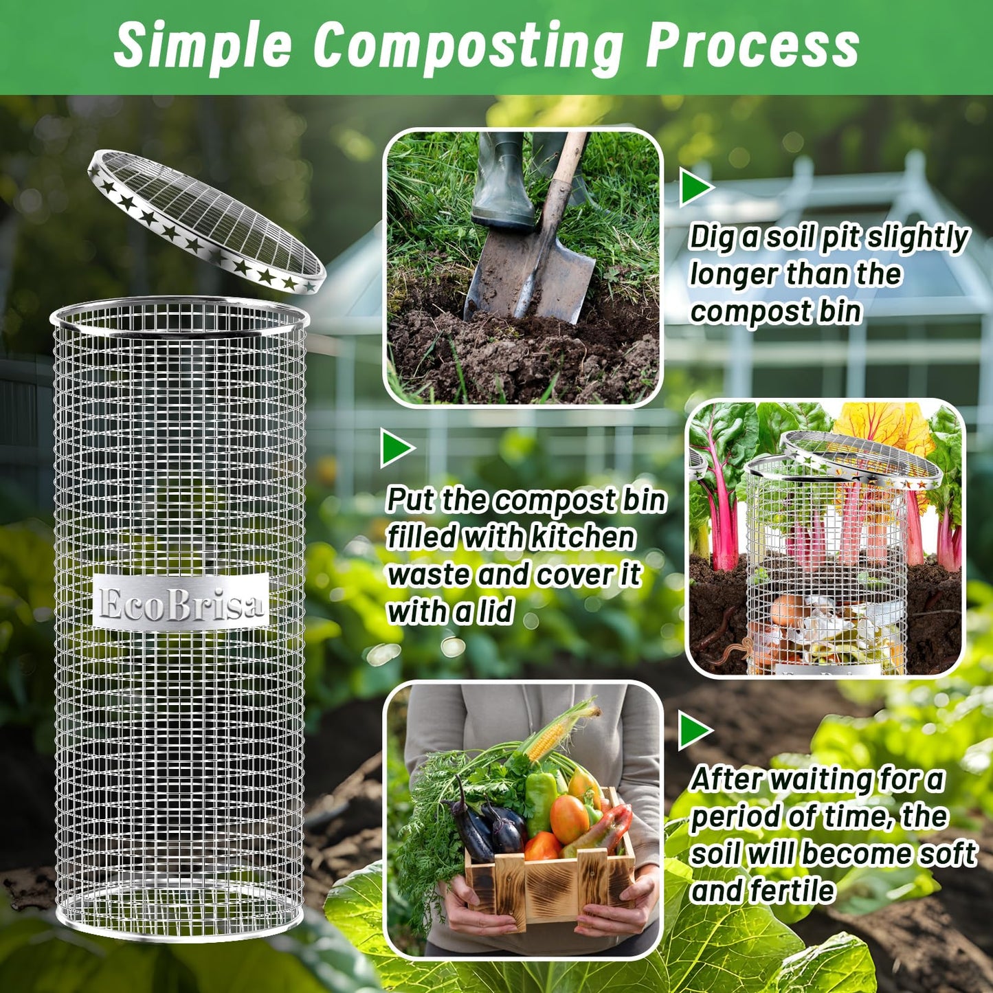 EcoBrisa 2pack Underground Worm Composting Bin, Metal Compost Bin for Recycling Kitchen Food Waste, Outdoor Worm Compost Bin with Holes and Lid Use in Outdoor Garden Vegetable Patch Backyard