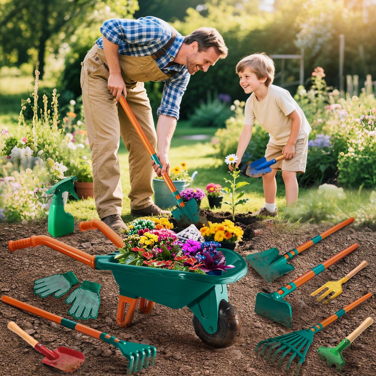 HOSPONY Kids Gardening Set-Kids Gardening Tools Wheelbarrow Set with Shovel, Leaf Rake, Gloves, Spray Bottle-Toddler Gardening Set Play Outdoor Educational STEM Learning for Boys Girls Age 3+