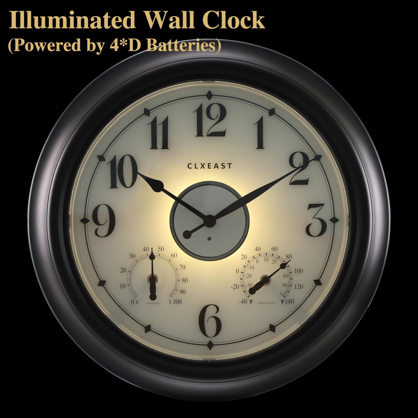 CLXEAST Illuminated Indoor Outdoor Clocks Waterproof 18 inch with Smart Night Light Sensor,Large Wall Clock with Thermometer & Hygrometer,Oil Rubbed Bronze Black,Spring Outdoor Decor