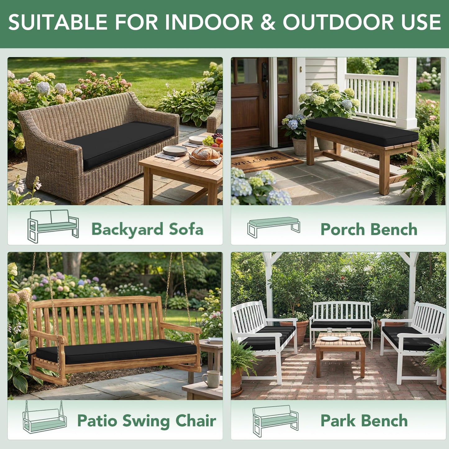 Summsun Outdoor Bench Cushion: Waterproof and Fade Resistant Patio Furniture Cushions - Non-Slip Bench Pad Cushion with Removable Cover for Garden Swing Porch Sofa Settee, 48 x 18 x 3 Inch, Black
