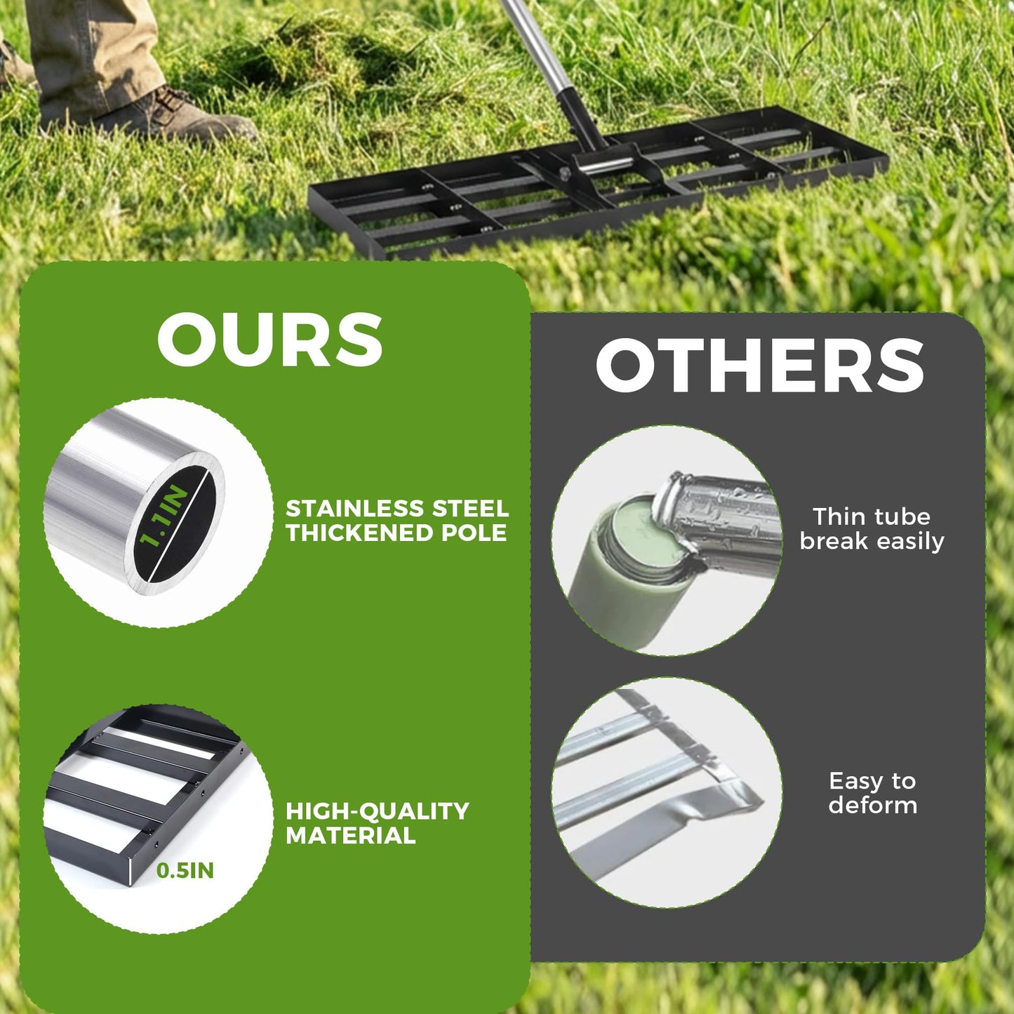 Lawn Leveling Rake, 30"x10" Stainless Steel Lawn Leveler with 76" Adjustable Handle, Heavy-Duty Yard Leveling Rake for Garden, Golf Course, Farm, Pasture, Professional Lawn Care Tool