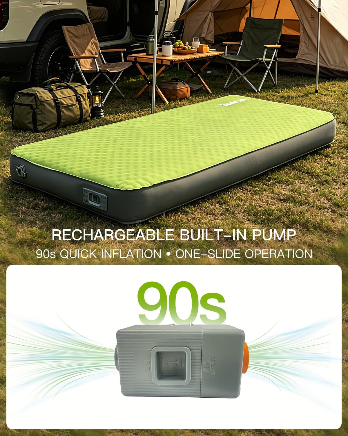 Byomostor 4" Ultra-Thick Foam & Air Camping Mattress with Built-in Rechargeable Air Pump, 9.5R Insulated Portable Foam Sleeping Pad for Car, SUV, Rooftop Tent – Single Size, All-Season Comfort