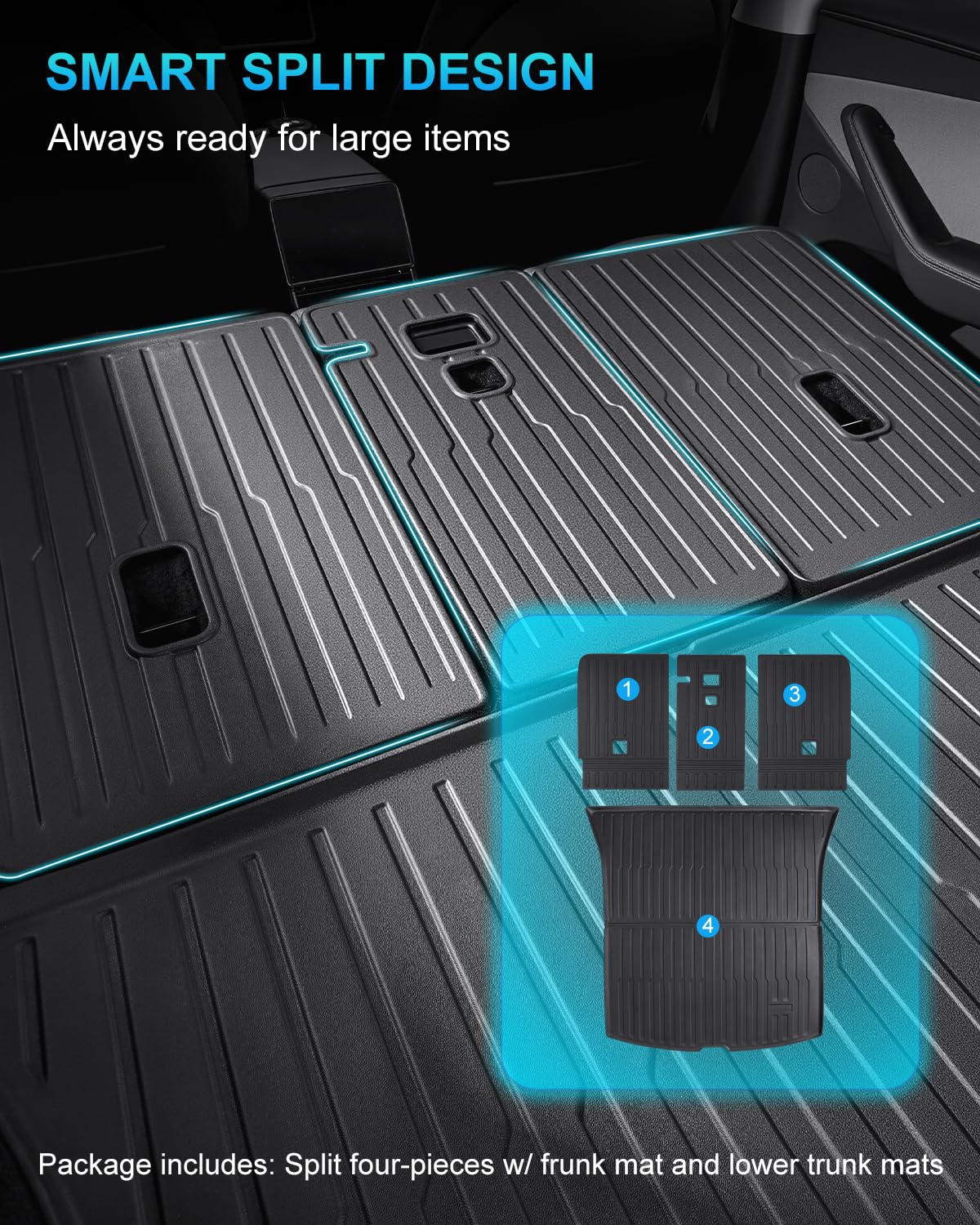 Wekar Cargo Mat Compatible with Tesla Model Y Juniper 2025-2026 5 Seat, Heavy-Duty TPE Trunk Liner Rear Seat Back Protector Model Y Accessories Custom Fit Trunk Mat- 6PCS