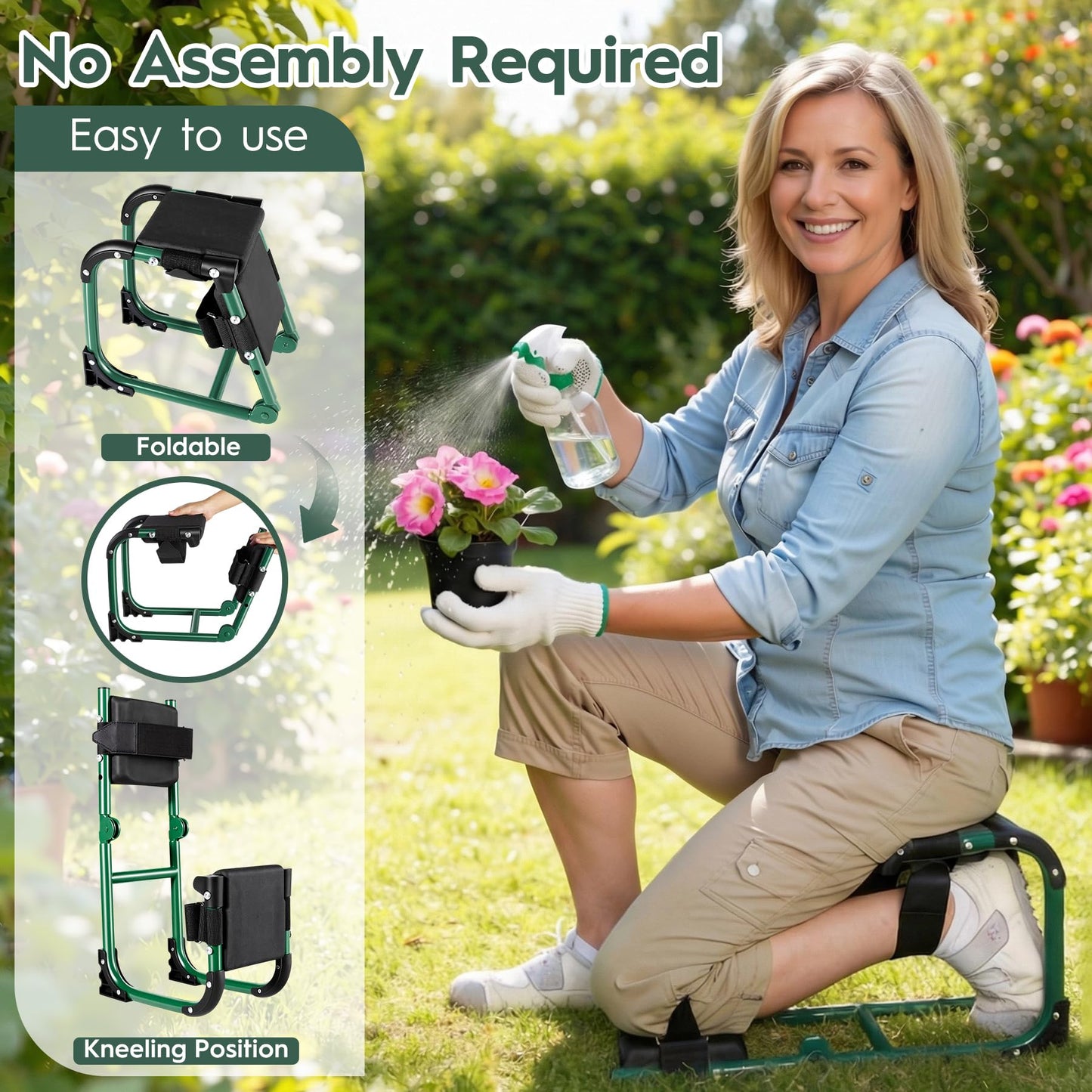 LemZodo Garden Kneeler and Seat, Ergonomic 2-in-1 Foldable Knee Seat, Gardening Stool with Soft Adjustable Kneeling Pad, Gardening Gifts for Women Mom Men Seniors