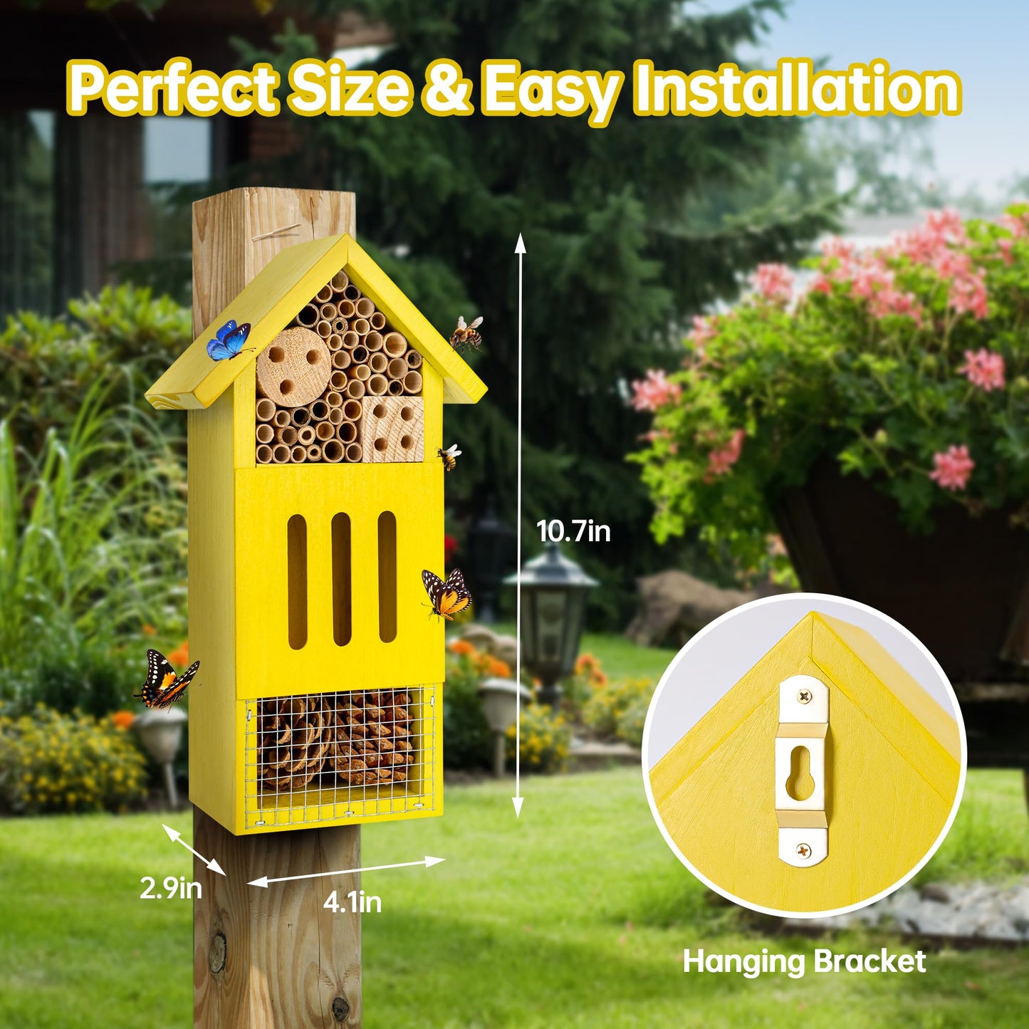 Bee House Bug Hotel & Butterfly House, Handcrafted Wooden Ladybug House, Natural Insect Habitat for Garden, Patio, or Yard, Durable Pine Wood, Attracts Pollinators, 10.4 x 5.5 x 3.2 Inches