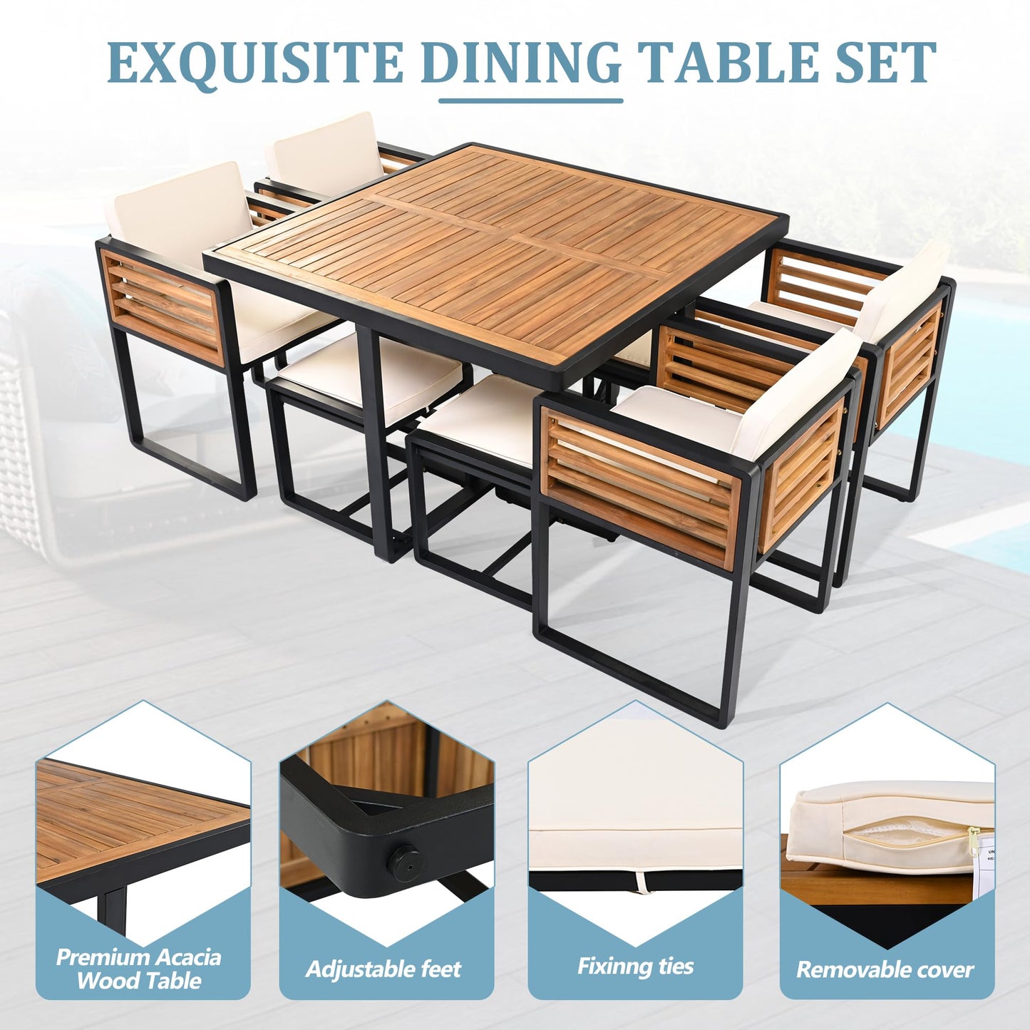 Merax 9 Pieces Outdoor Dining Set for 8 People, Acacia Wood Patio Furniture Sets with 1 Square Table, 4 Cushioned Chairs and 4 Ottomans for Backyard, Garden, Lawn, Poolside, Space Saving Design, Beige