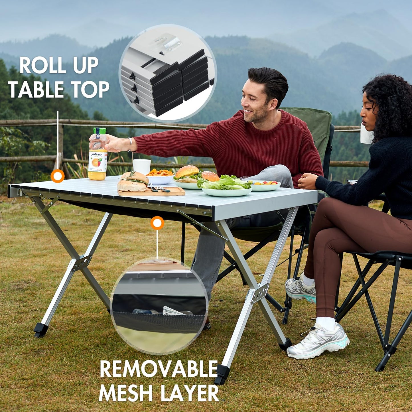 PORTAL Folding Outdoor Camping Table with Adjustable Height, Aluminum Roll-Up Top and Carry Bag, Big Large Portable Tables for Picnic, BBQ and Tailgating, Silver
