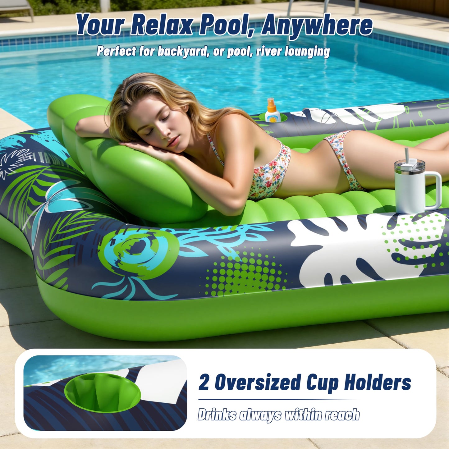 JOSEN Inflatable Tanning Pool Lounger Float with Sprinkler, XXL Large Pool Floats Adult Heavy Duty 83" x 63", Suntan Tub Water Pool Lounge Rafts, River Lake Floaties Water Floats with Cup Holders