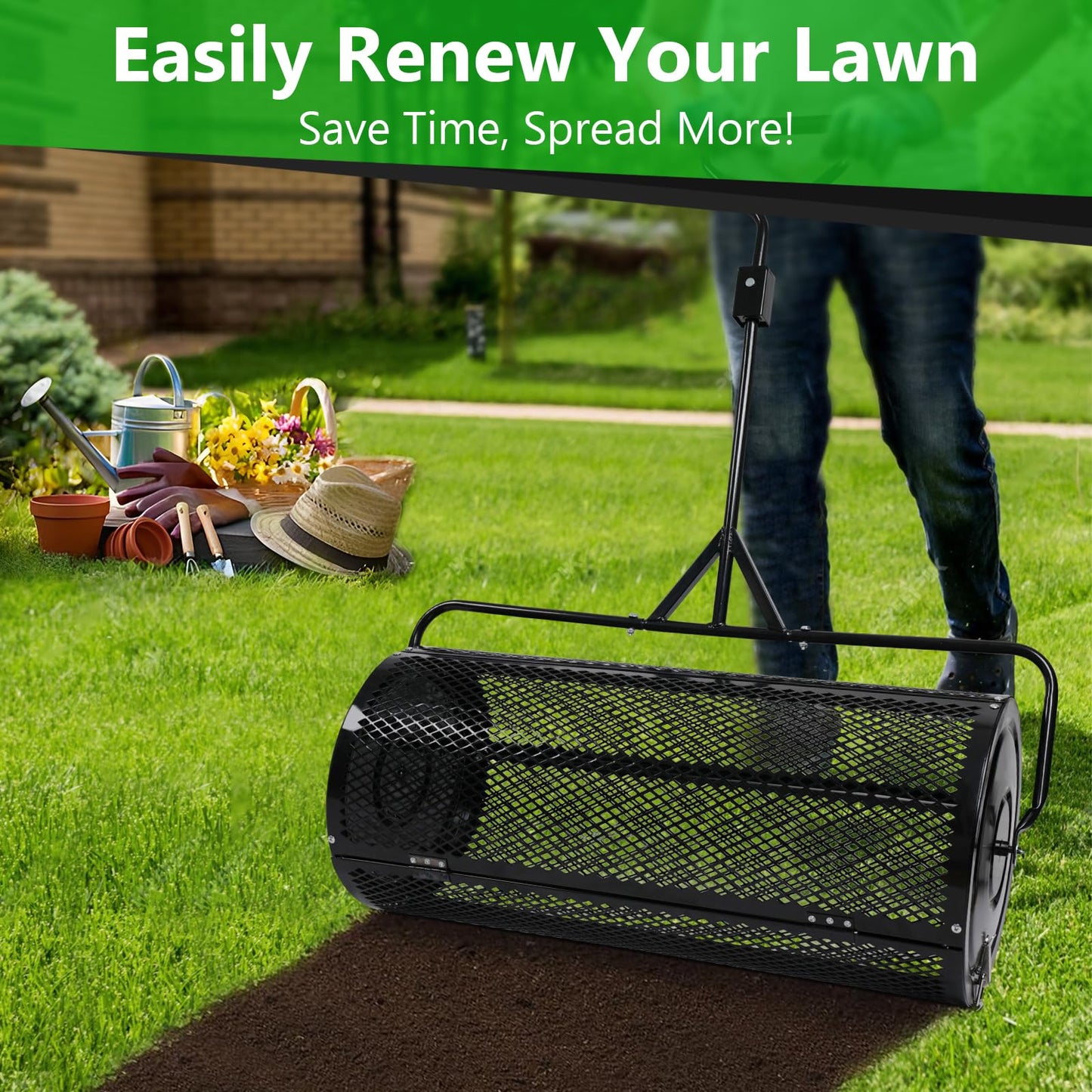 Compost Spreader 44 Inch Push/Tow Peat Moss Spreader with Installation Support, Powder-Coated Metal Mesh Roller Spreader for Manure , Lawn Care, Garden Spreading, Top Dressing & Mulch - Soil Spreader