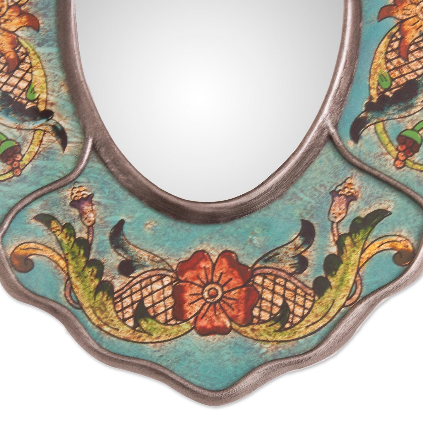 NOVICA Handmade Reversepainted Glass Wall Mirror Turquoise Floral from Peru Blue Wood Decor Mirrors 'Turquoise Colonial Wreath'
