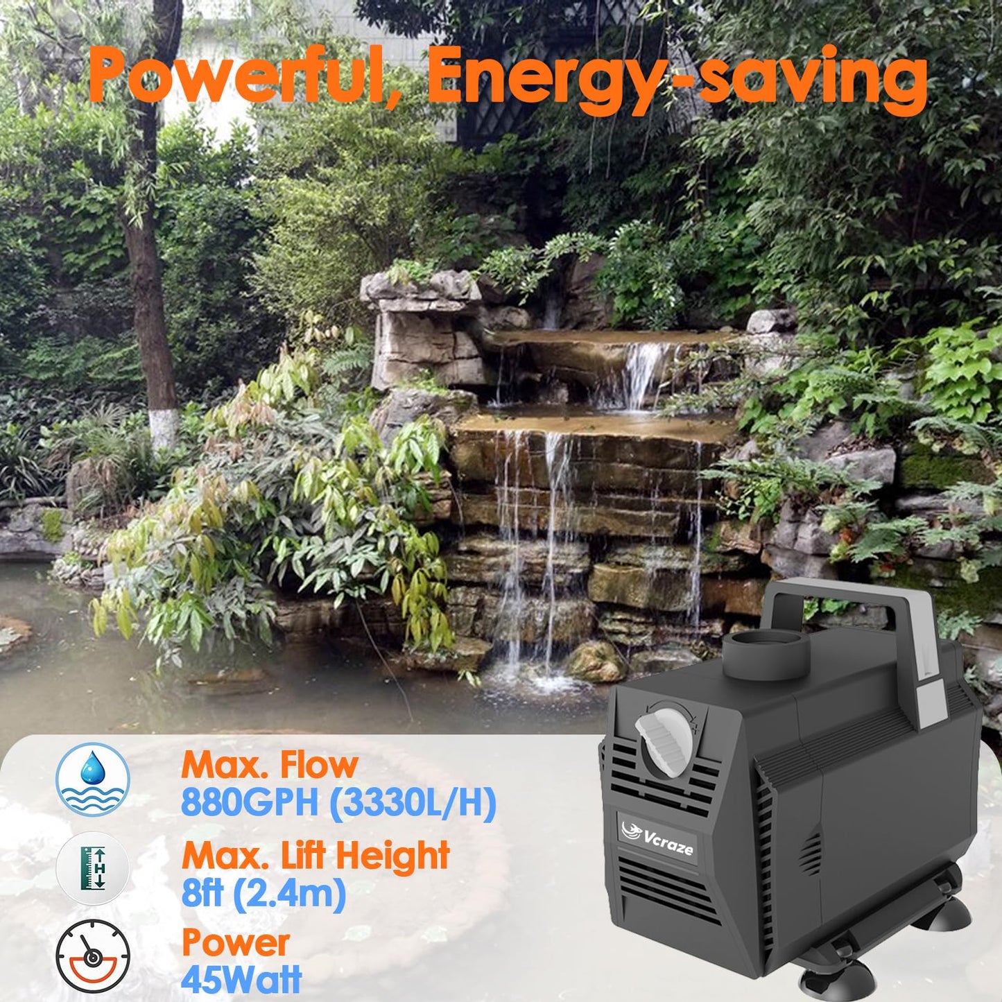 VCRAZE Submersible Water Pump 880GPH/45W Fountain Pumps with Flow Control, Pond Pump Submersible Outdoor with 10ft 3-Core Power cable for Hydroponics, Aquarium, Waterfall, Statuary, Water feature