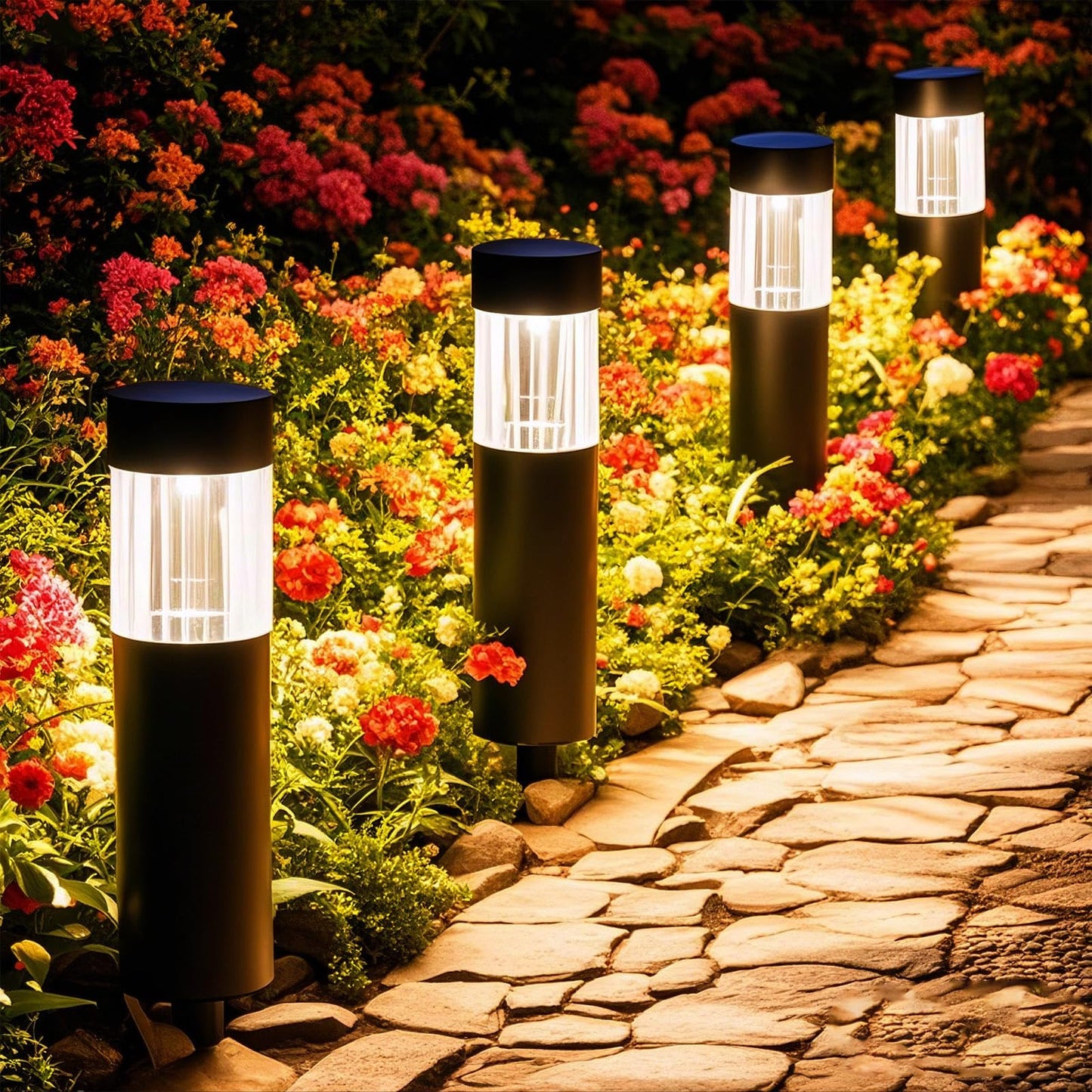 Glosola Solar Pathway Lights Outdoor 4 Pack, Stainless Steel Solar Garden Lights, Bright 35LM Warm White LED, Auto On/Off IP65 Waterproof Path Lights for Yard, Lawn, Walkway, Patio, Driveway