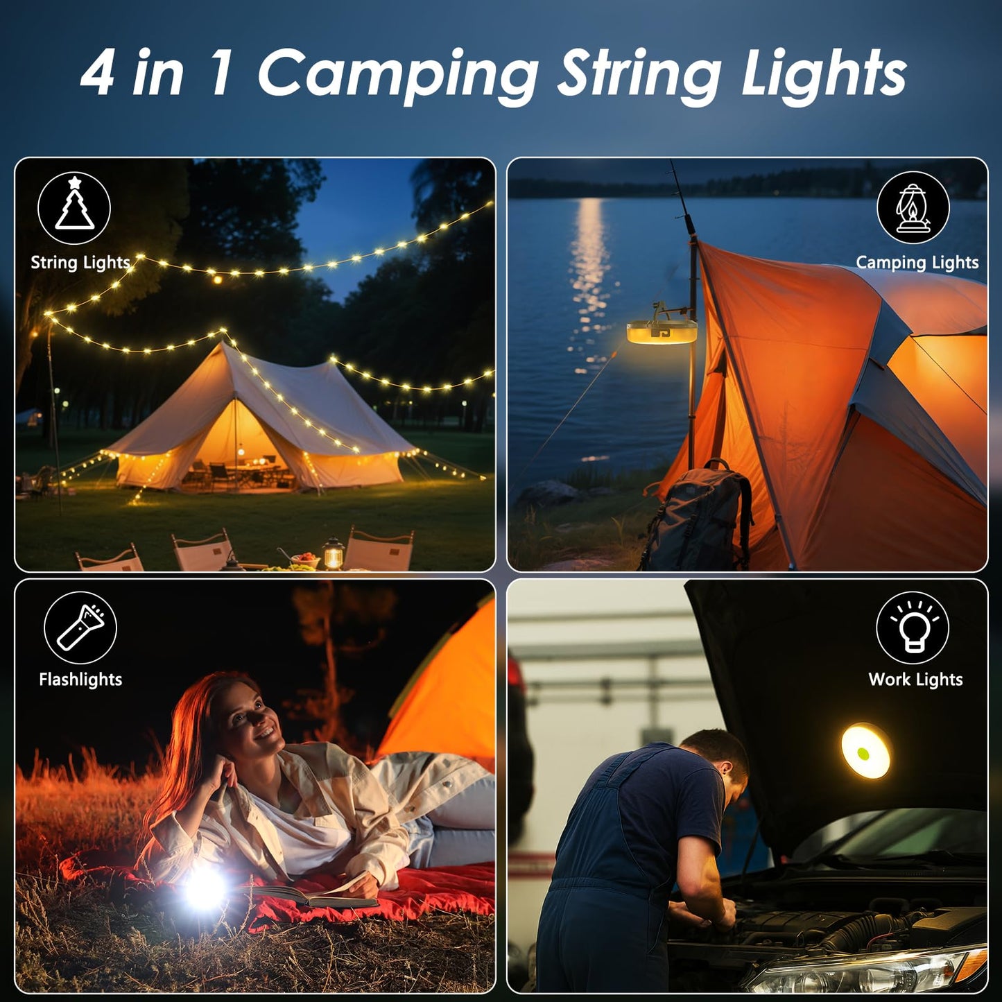 2Pack Camping String Lights, 4-in-1 Quick Storage Camp Light, 8Mode 32.8FT Hanging Tent Lights, Rechargeable Camp Lamp As Camping Essentials Gear, Waterproof LED Lantern for Hiking Travel Patio Party