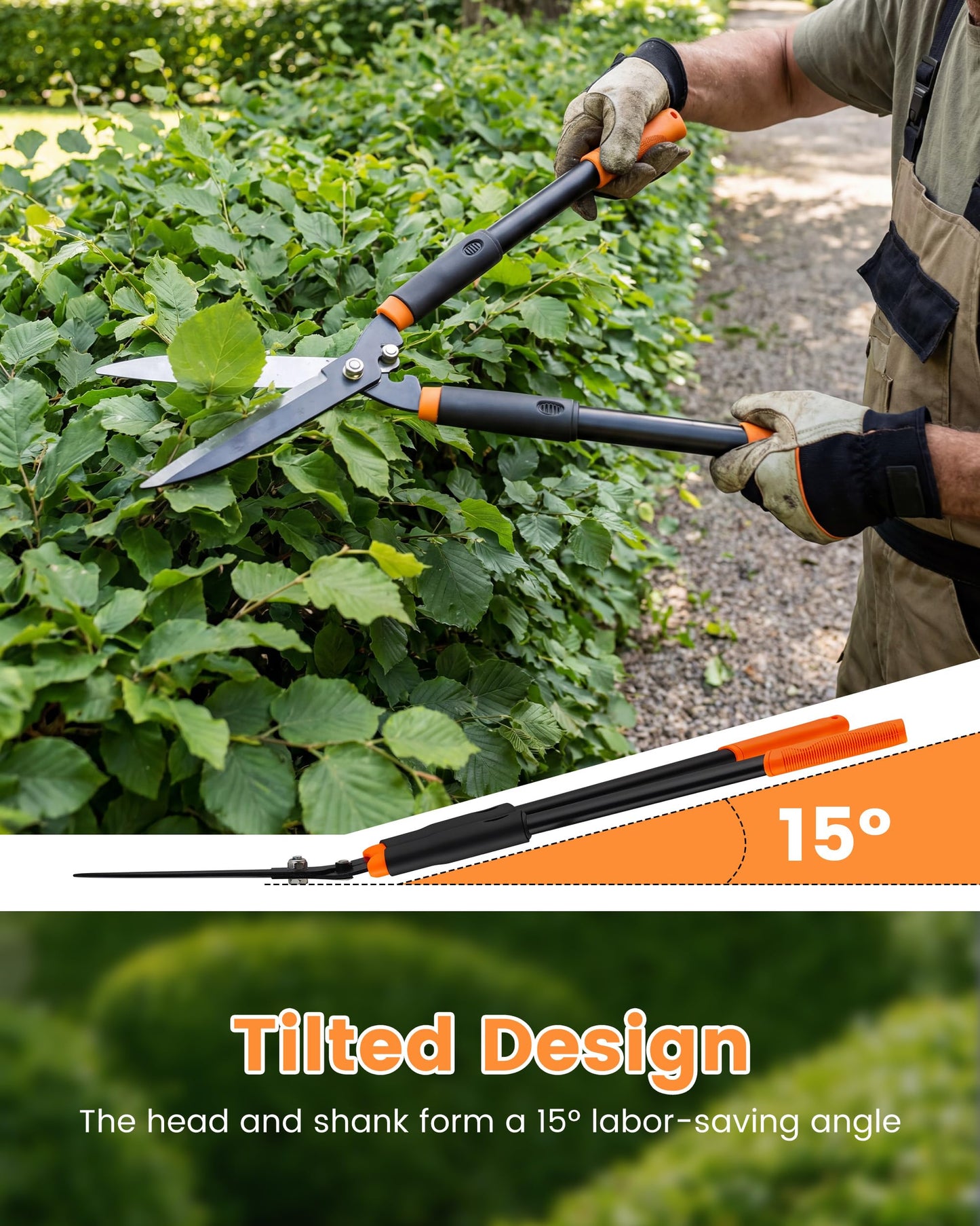 Hedge Shears, 31-Inch Garden Shears with Adjustable Handle, Sharp Blade & Comfortable Grip, Hedge Clippers for Hedges - Black/Orange