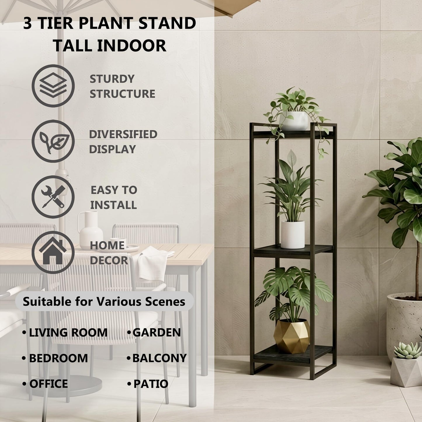 FONHAYE 45" Tall Plant Stand Indoor, 3-Tier Modern Plant Shelf Corner Flower Pot Holder Organizer for Living Room Balcony Garden, Black