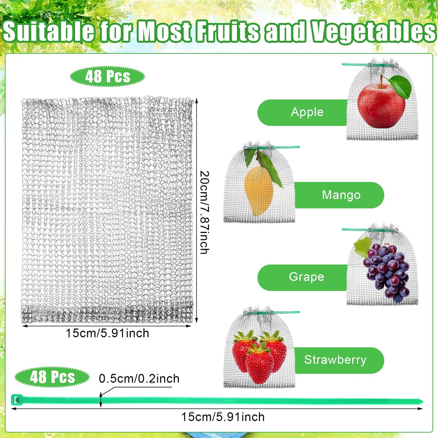 Cosblank 48 Pcs Fruit Protection Bags for Fruit Trees Stainless Steel Mesh Bags Bulk 6 x 8 Inch Reusable Barrier Bags with Ties for Plant Berries Vegetables or Plant Root Protection