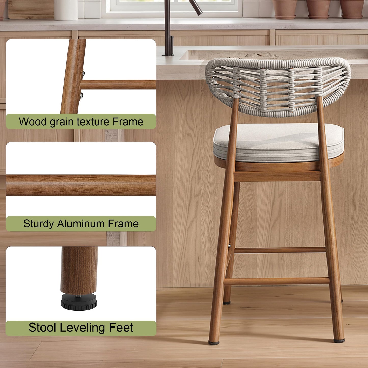 Garden Story Outdoor Bar Stools Set of 2,Woven Barstools with Rattan Back,24'' Outdoor Bar Height Stools Wicker,Patio Bar Chairs Boho Bar Stool,Counter Height Bar Stool Aluminum (Teak, 24 Inch)