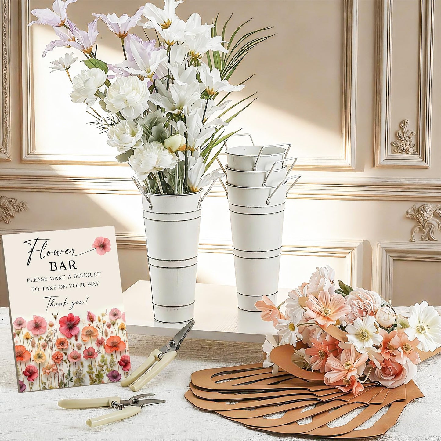 LEIFIDE Flower Bar Buckets Set Kit Bloom Bar Supplies Include Wood Sign Gift Bags Iron Bucket Garden Flower Shears for Wedding Bridal Shower Graduation Birthday Table Centerpieces(39 Pcs,White)
